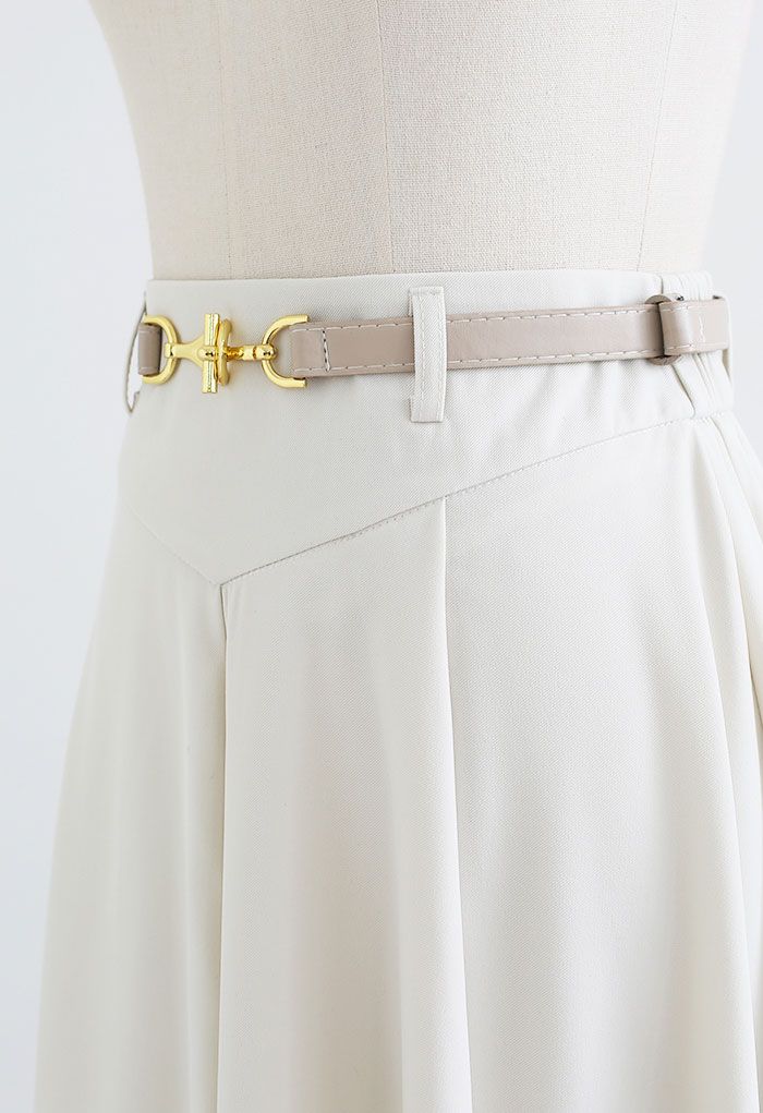 Metallic Buckle Belt A-Line Midi Skirt in Ivory