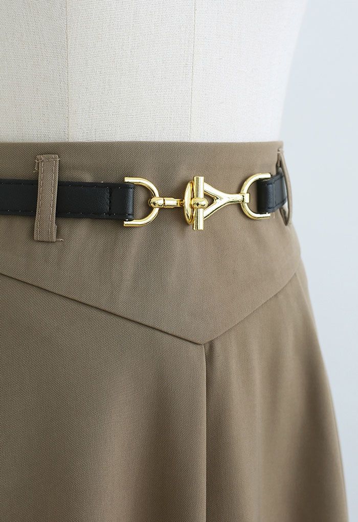 Metallic Buckle Belt A-Line Midi Skirt in Khaki