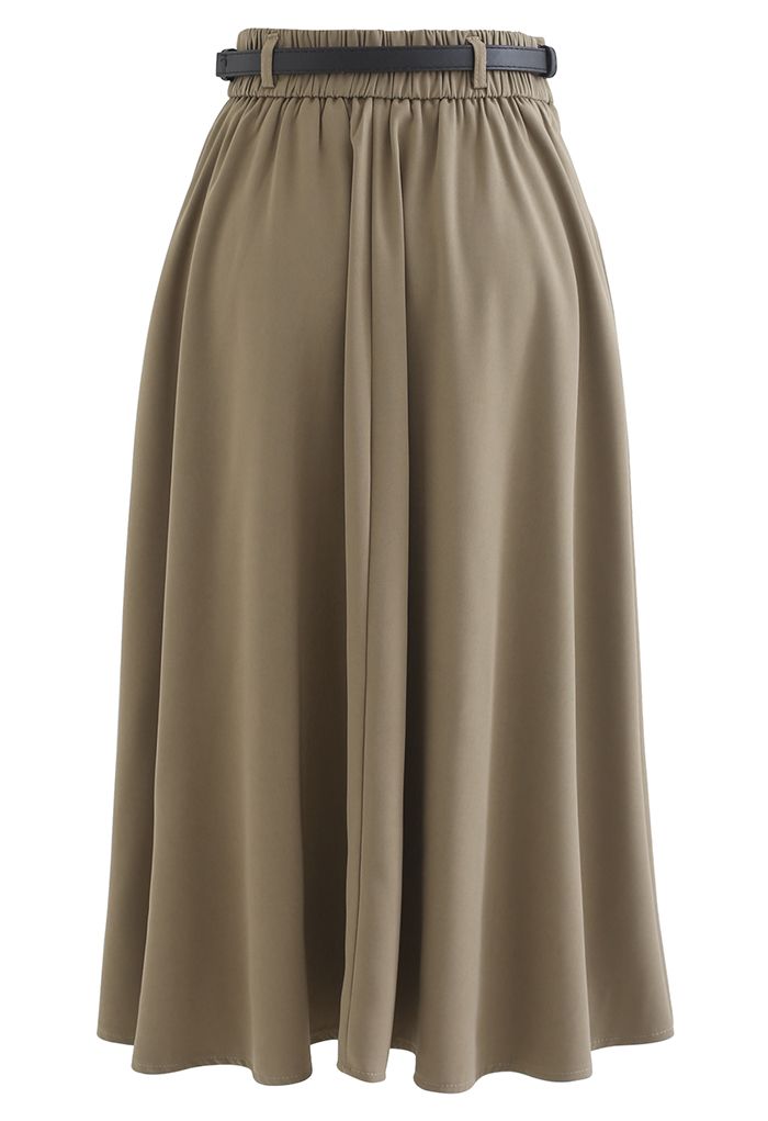 Metallic Buckle Belt A-Line Midi Skirt in Khaki