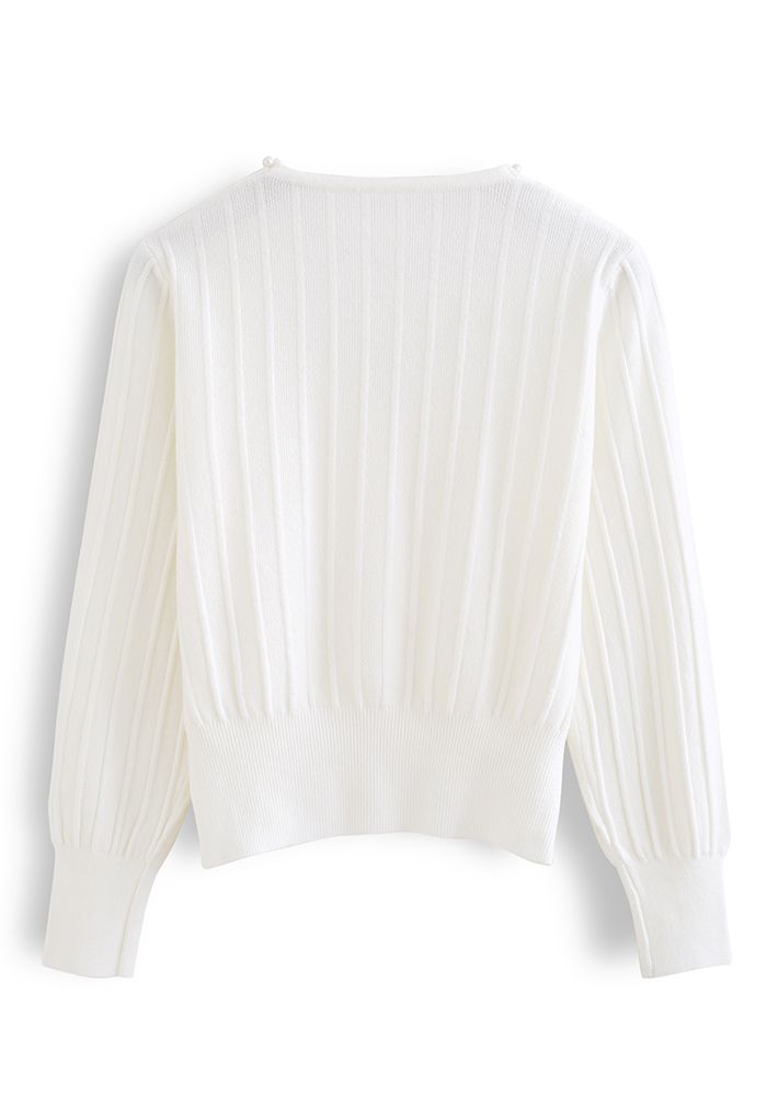 Pearly Neck Button Trim Knit Top in White