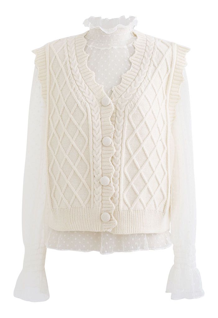 Lacy Dotted Top and Button Down Knit Vest Set in Cream