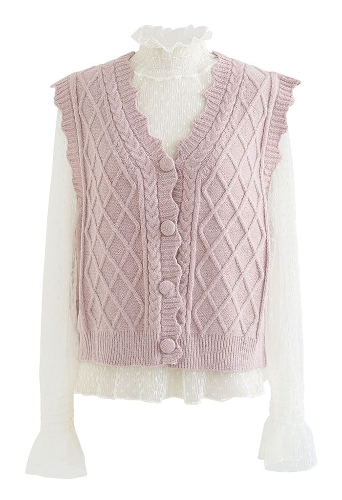 Lacy Dotted Top and Button Down Knit Vest Set in Pink