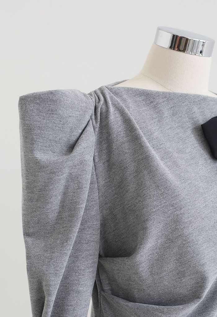 Mesh Bowknot Bubble Sleeve Top in Grey