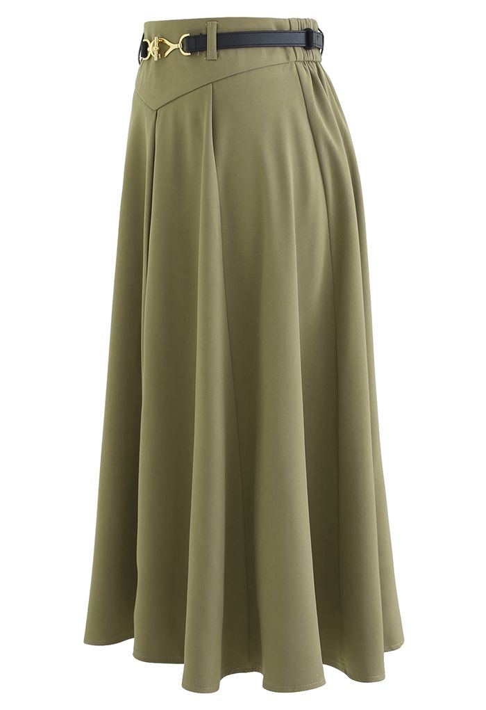 Metallic Buckle Belt A-Line Midi Skirt in Olive