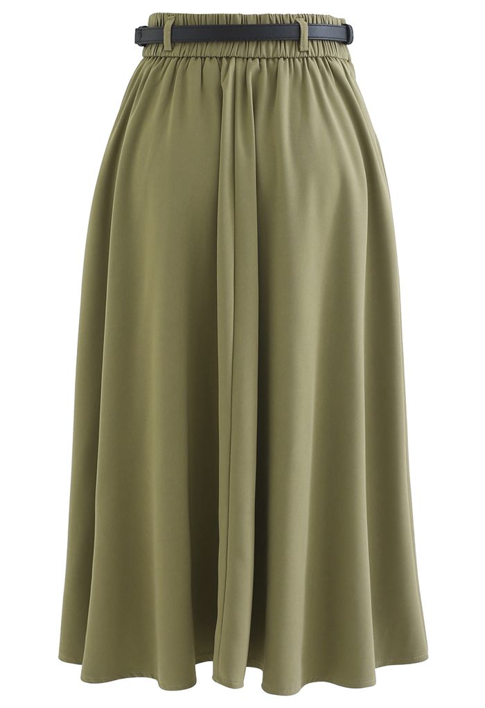 Metallic Buckle Belt A-Line Midi Skirt in Olive