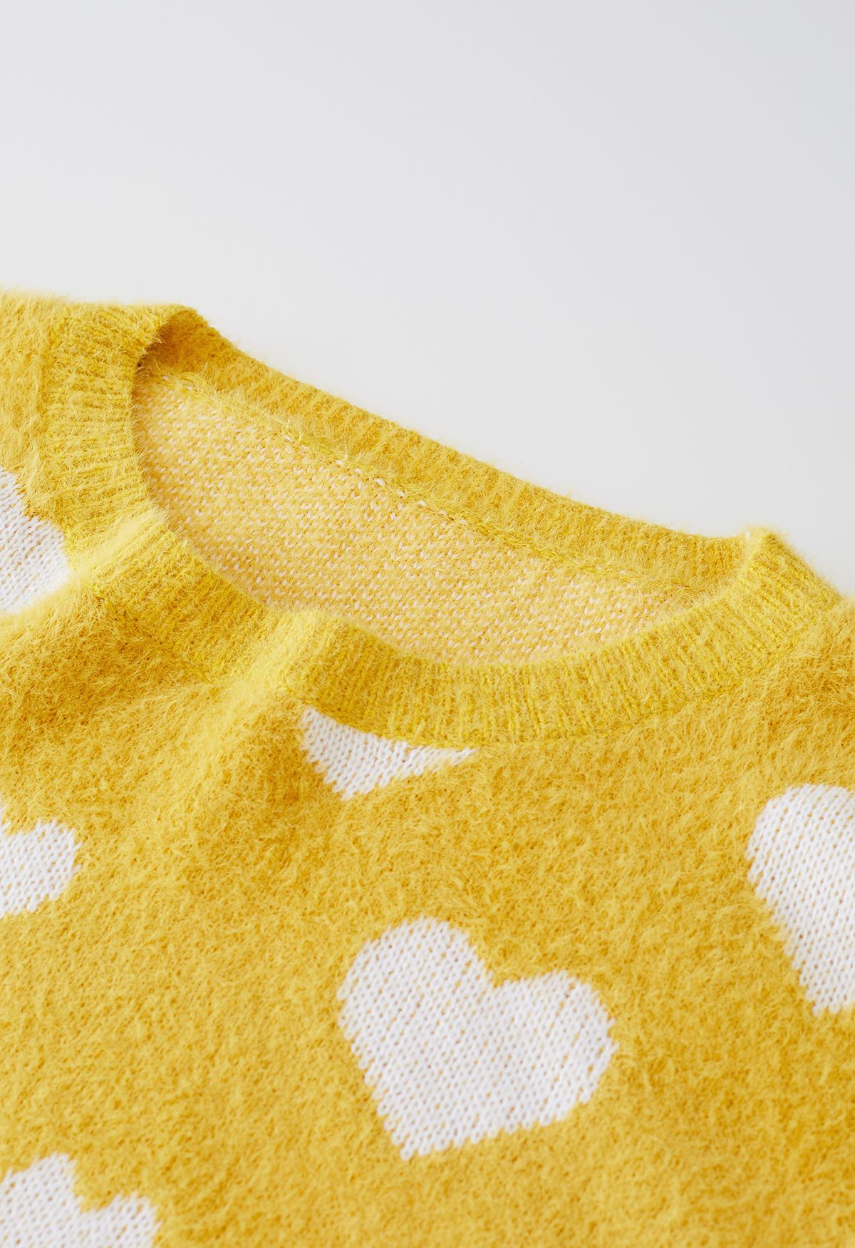 Fuzzy Contrast Heart Knit Sweater in Yellow