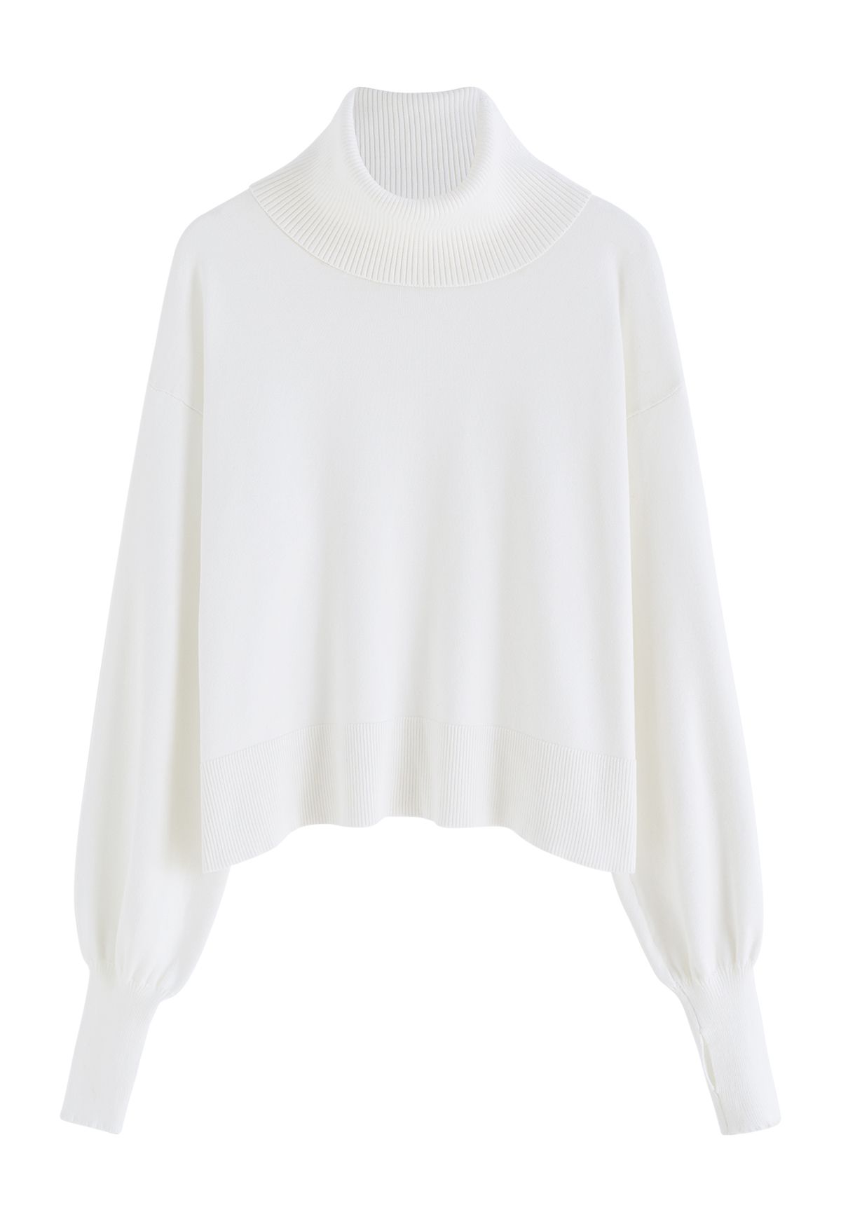 Turtleneck Side Buttons Slouchy Knit Top in White