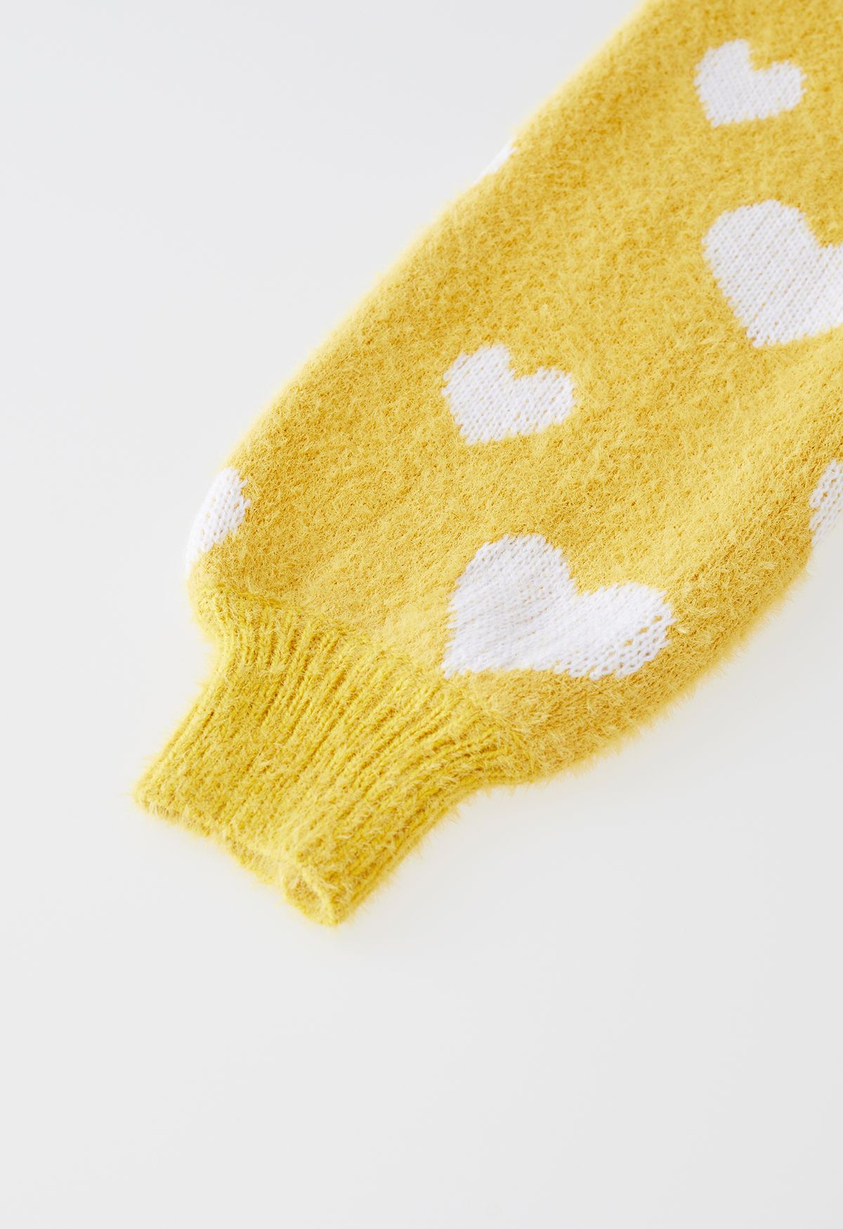 Fuzzy Contrast Heart Knit Sweater in Yellow