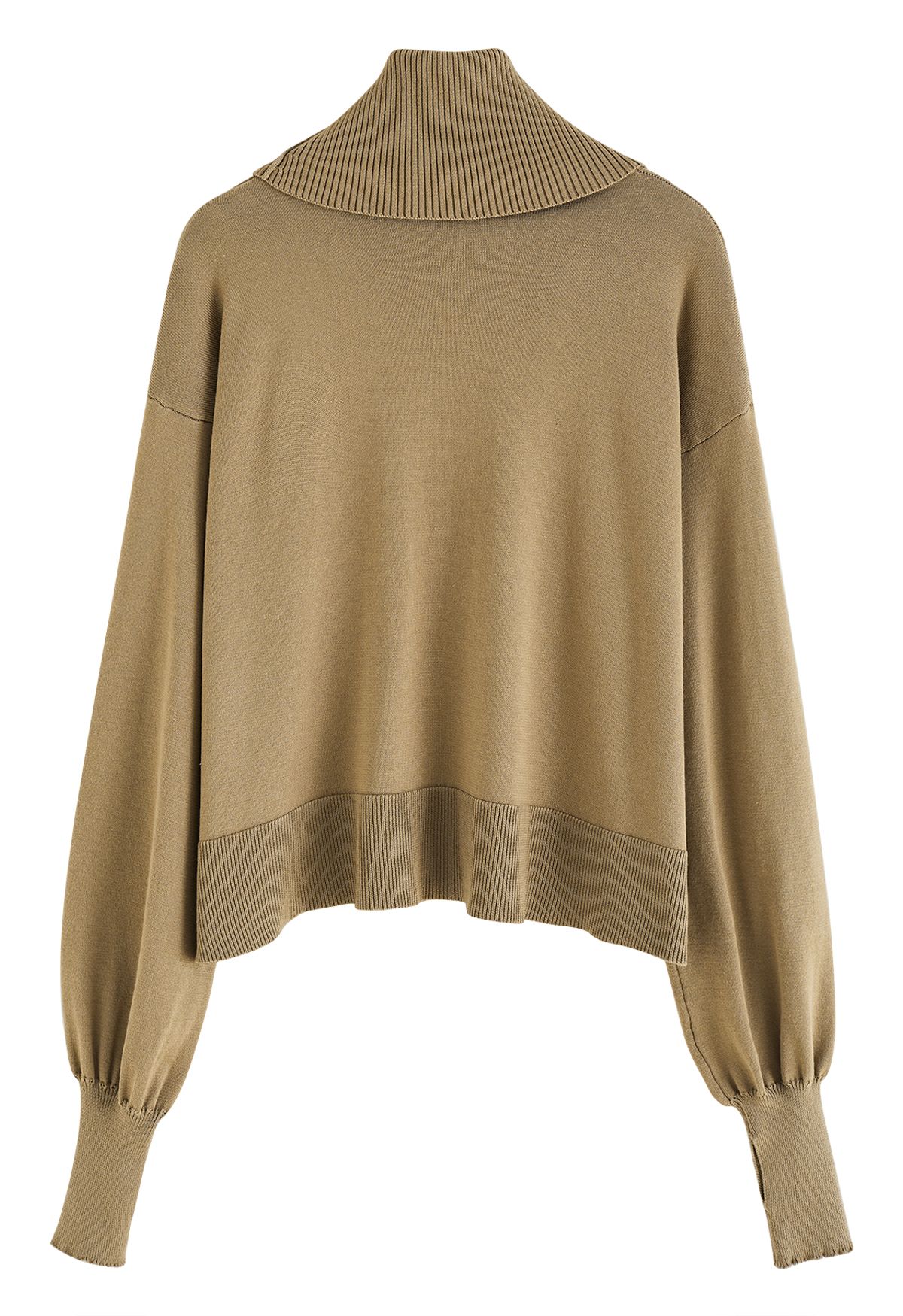 Turtleneck Side Buttons Slouchy Knit Top in Khaki