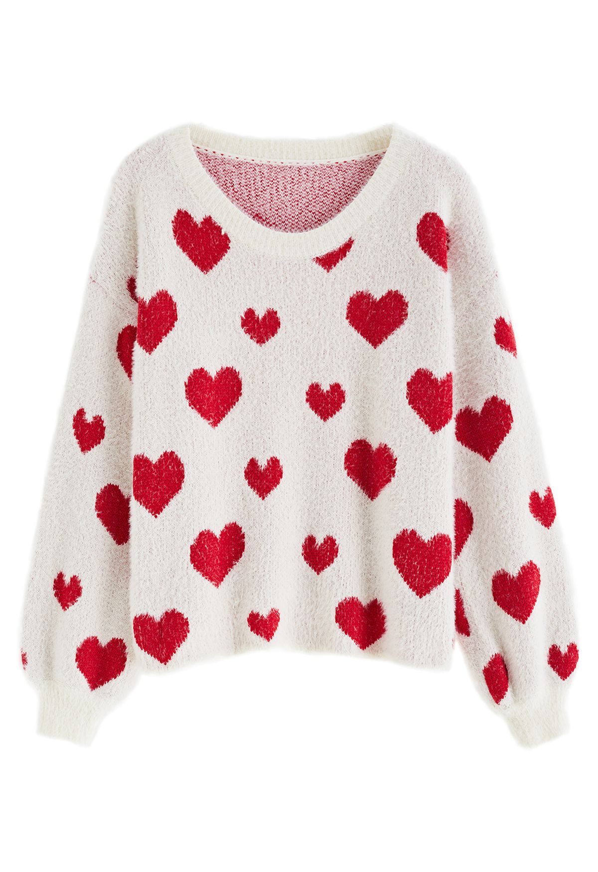 Fuzzy Heart Jacquard Knit Sweater in Cream
