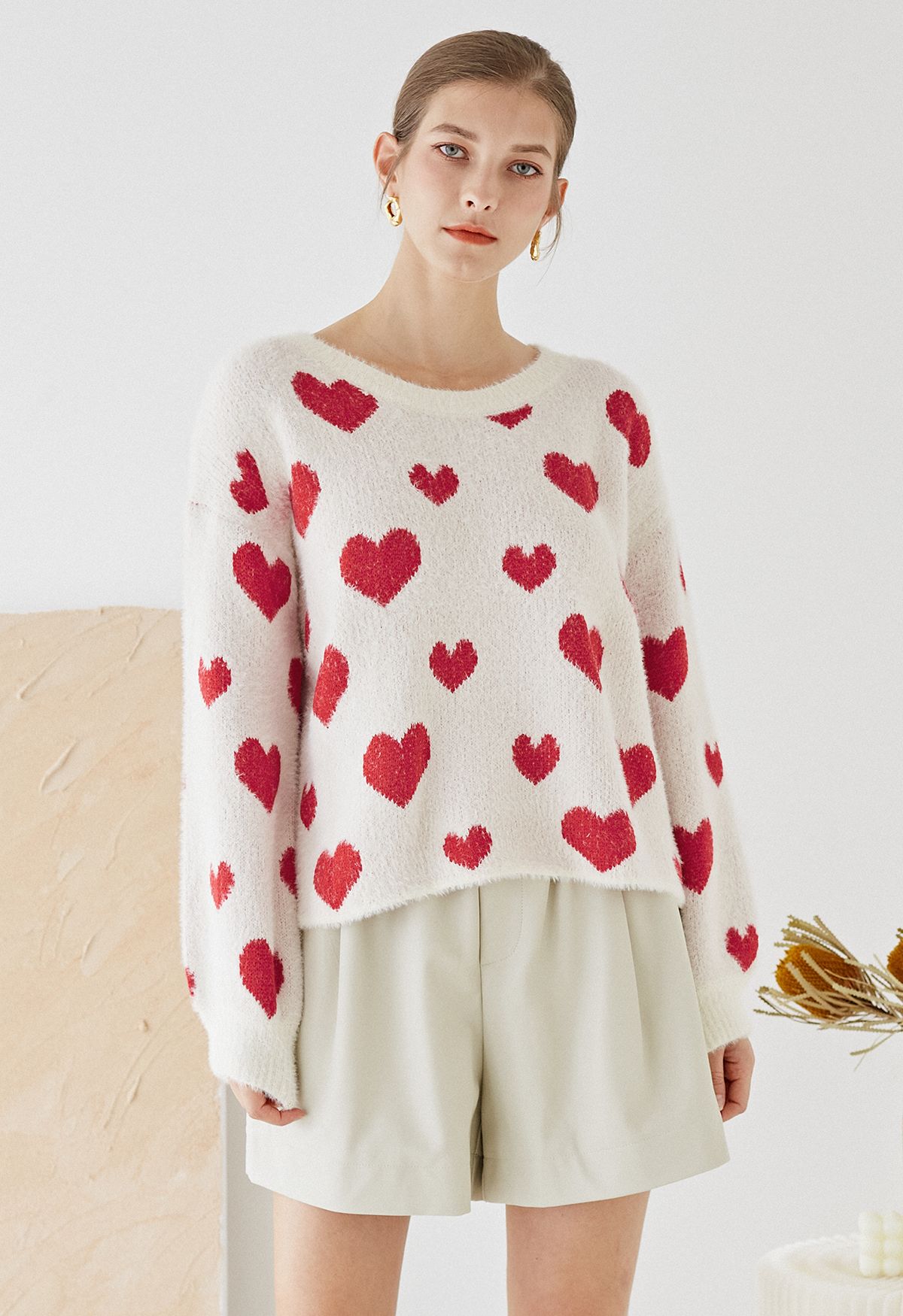 Fuzzy Heart Jacquard Knit Sweater in Cream