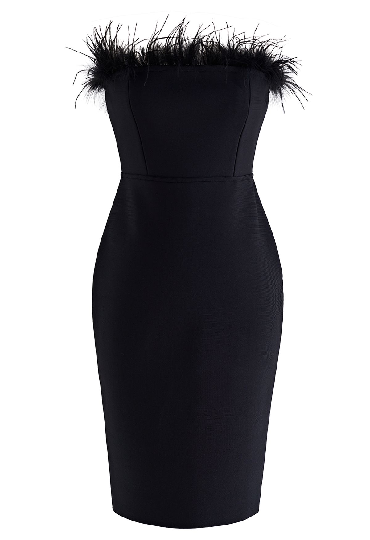 Chicwish Feather Trim Bodycon Tube Cocktail Dress in Black Black L