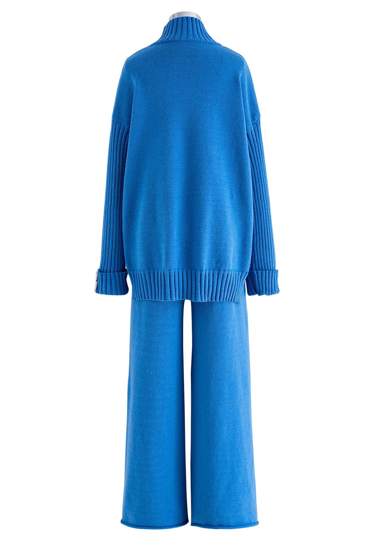 High Neck Buttoned Cuff Sweater and Knit Pants Set in Blue - Retro
