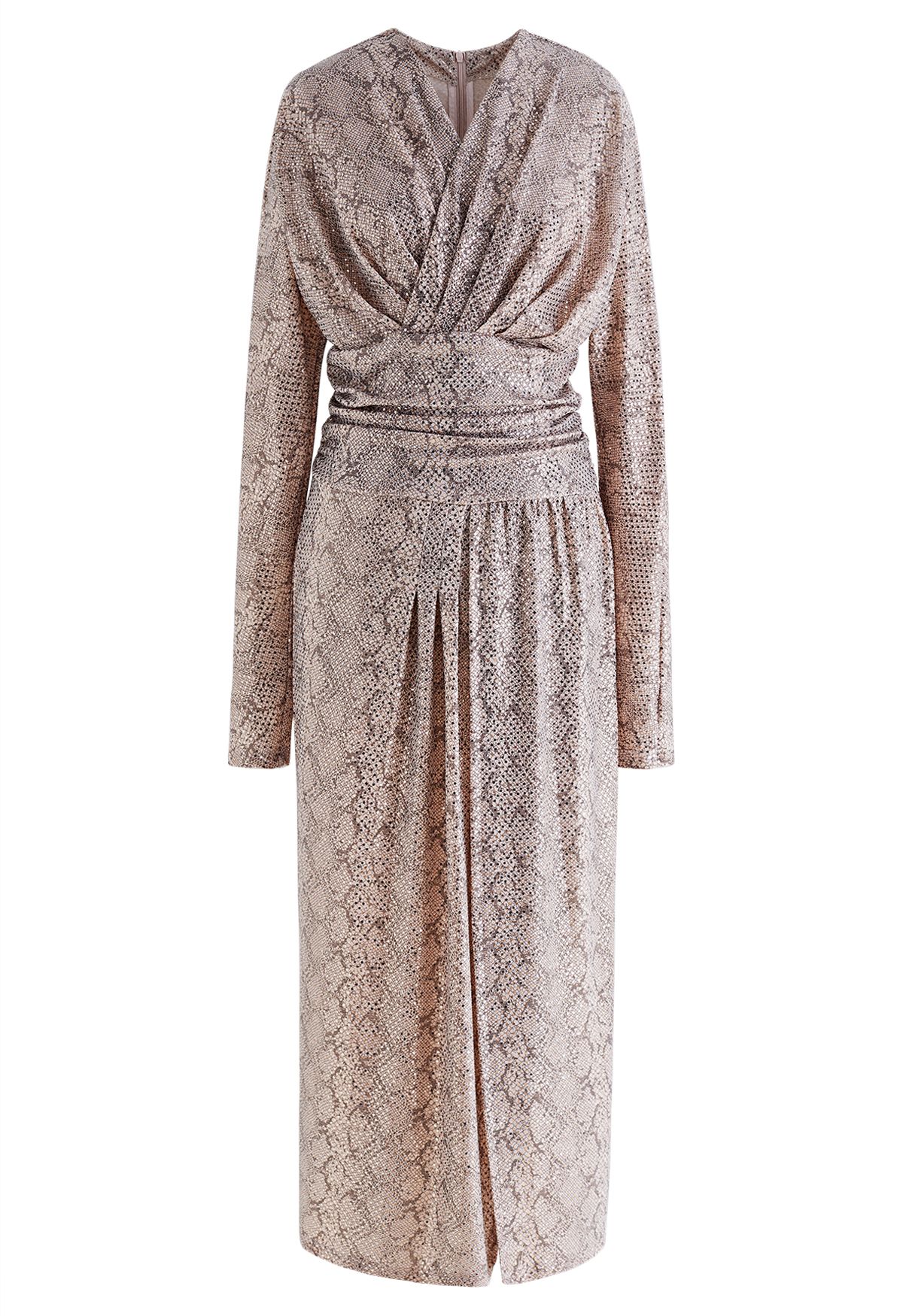 Sequined Snake Print Wrapped Slit Dress in Champagne