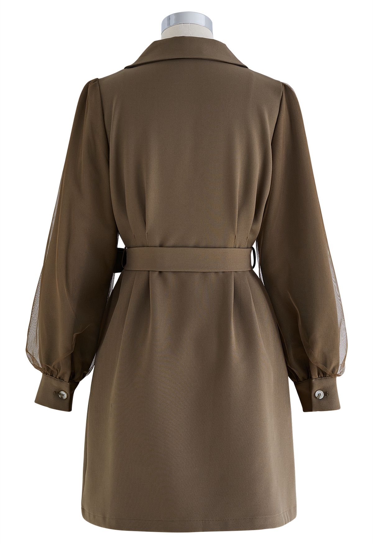 Mesh Overlay Sleeve Double Breasted Blazer Dress in Brown