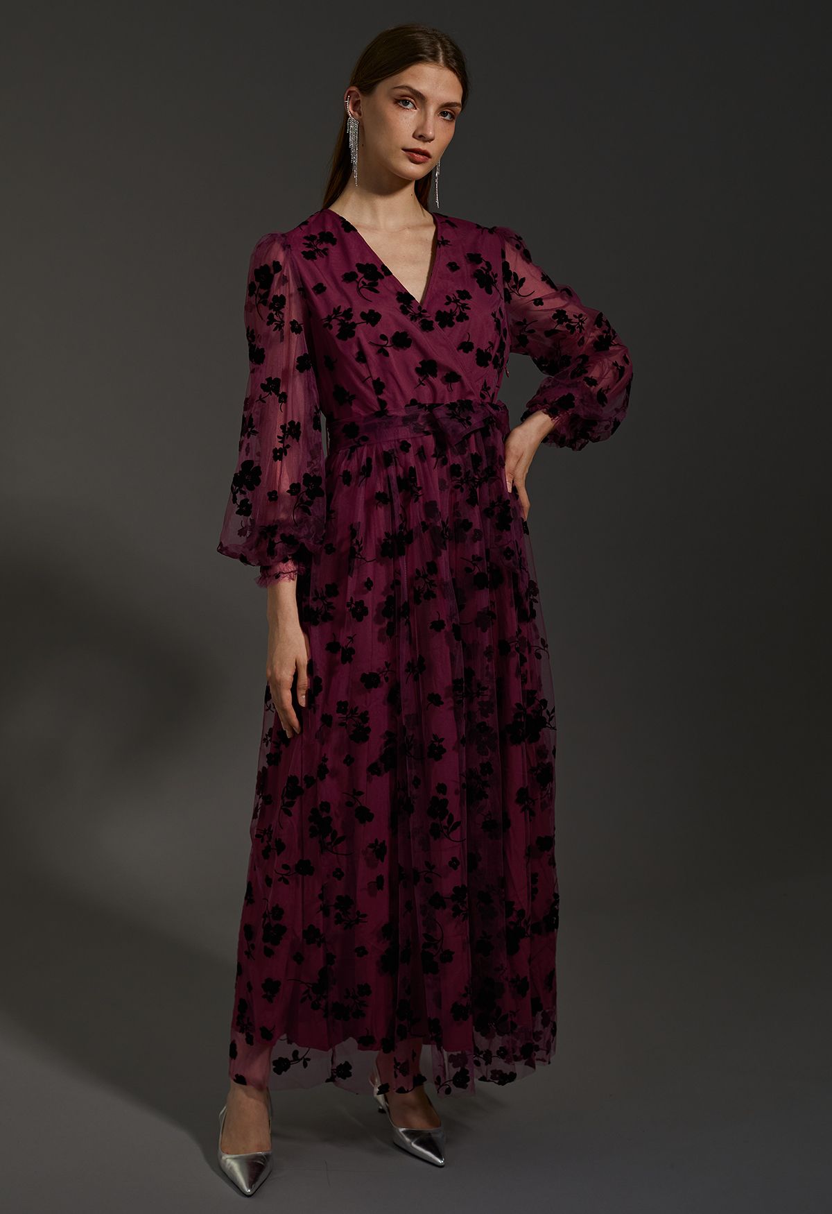 3D Posy Mesh Wrap Maxi Dress in Burgundy - Retro, Indie and Unique Fashion