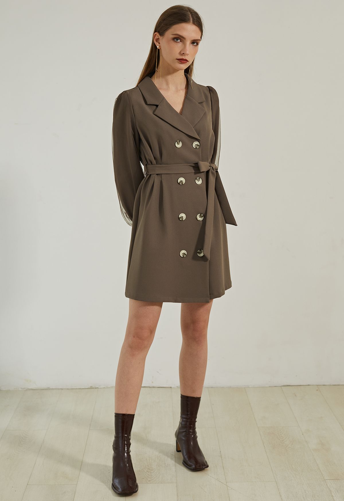 Mesh Overlay Sleeve Double Breasted Blazer Dress in Brown