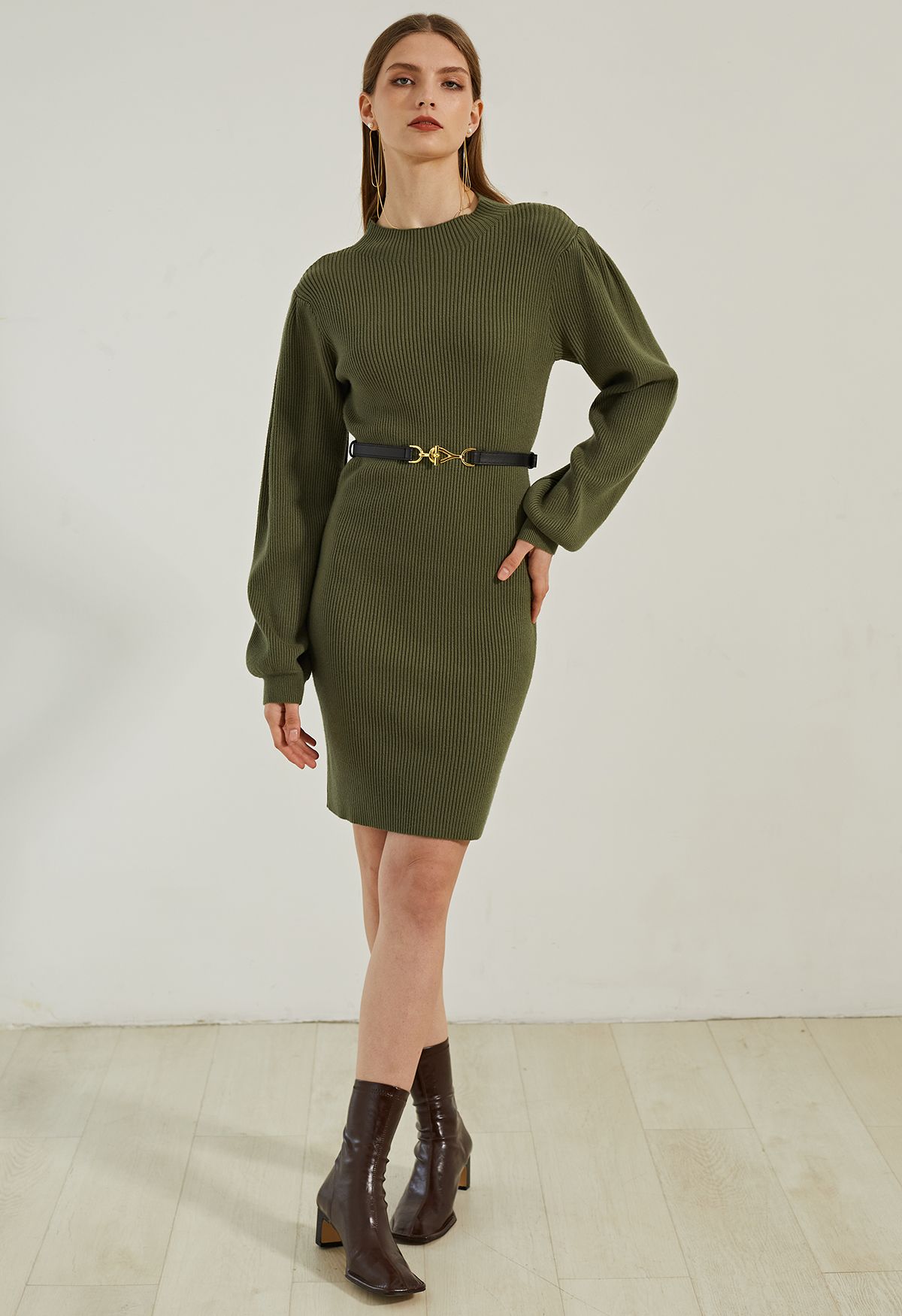 Lantern Sleeve Round Neck Ribbed Sweater Dress in Army Green