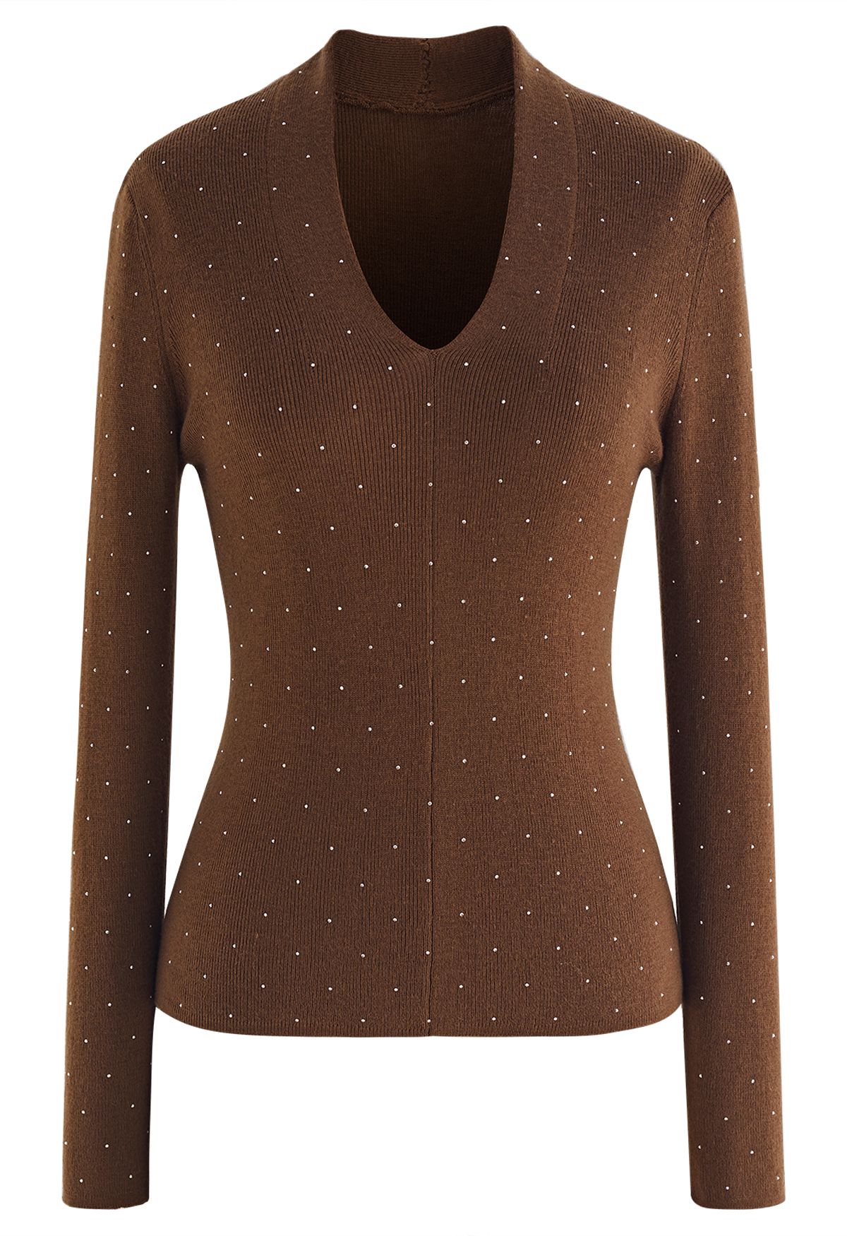 Scattered Crystal Ribbed Knit Fitted Top in Brown