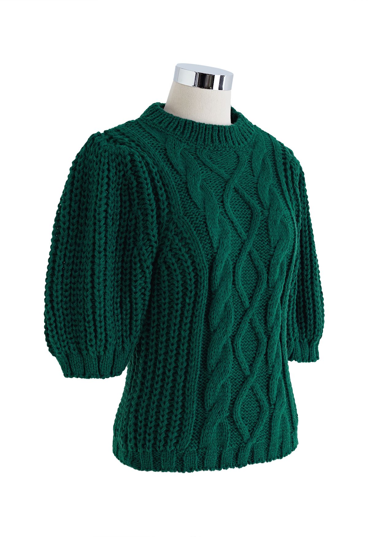 Bubble Sleeve Braided Ribbed Sweater in Dark Green - Retro, Indie and  Unique Fashion