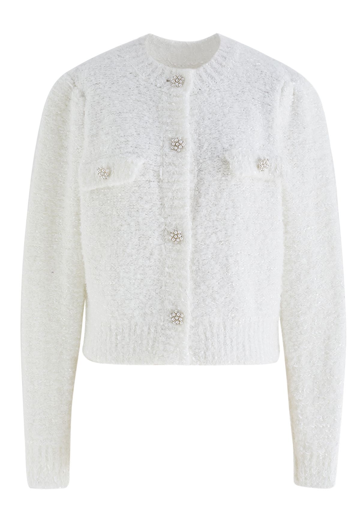 Pearly Button Shimmer Fuzzy Crop Cardigan in White - Retro, Indie and ...