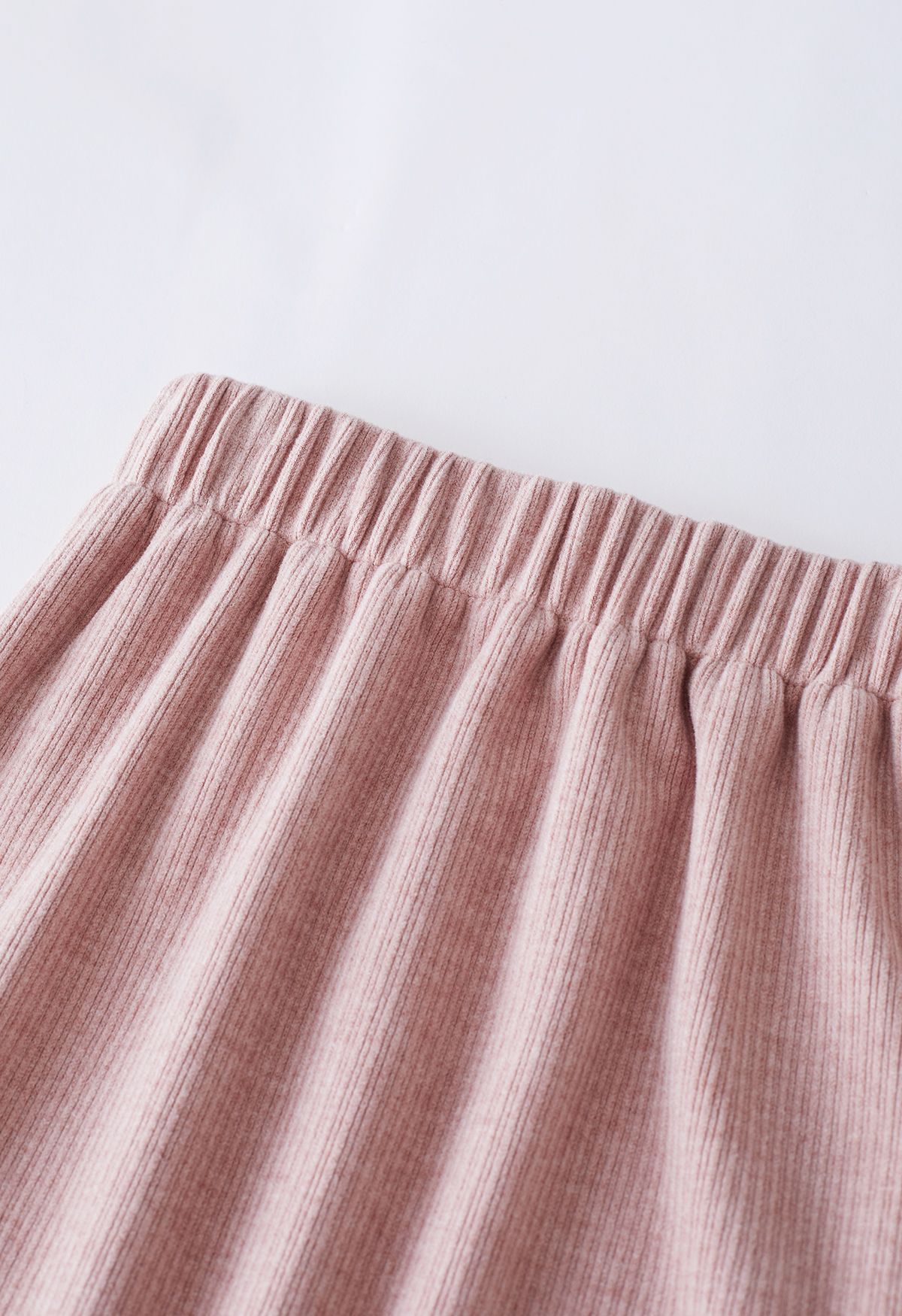 Fringed Slit Hem Ribbed Midi Skirt in Pink