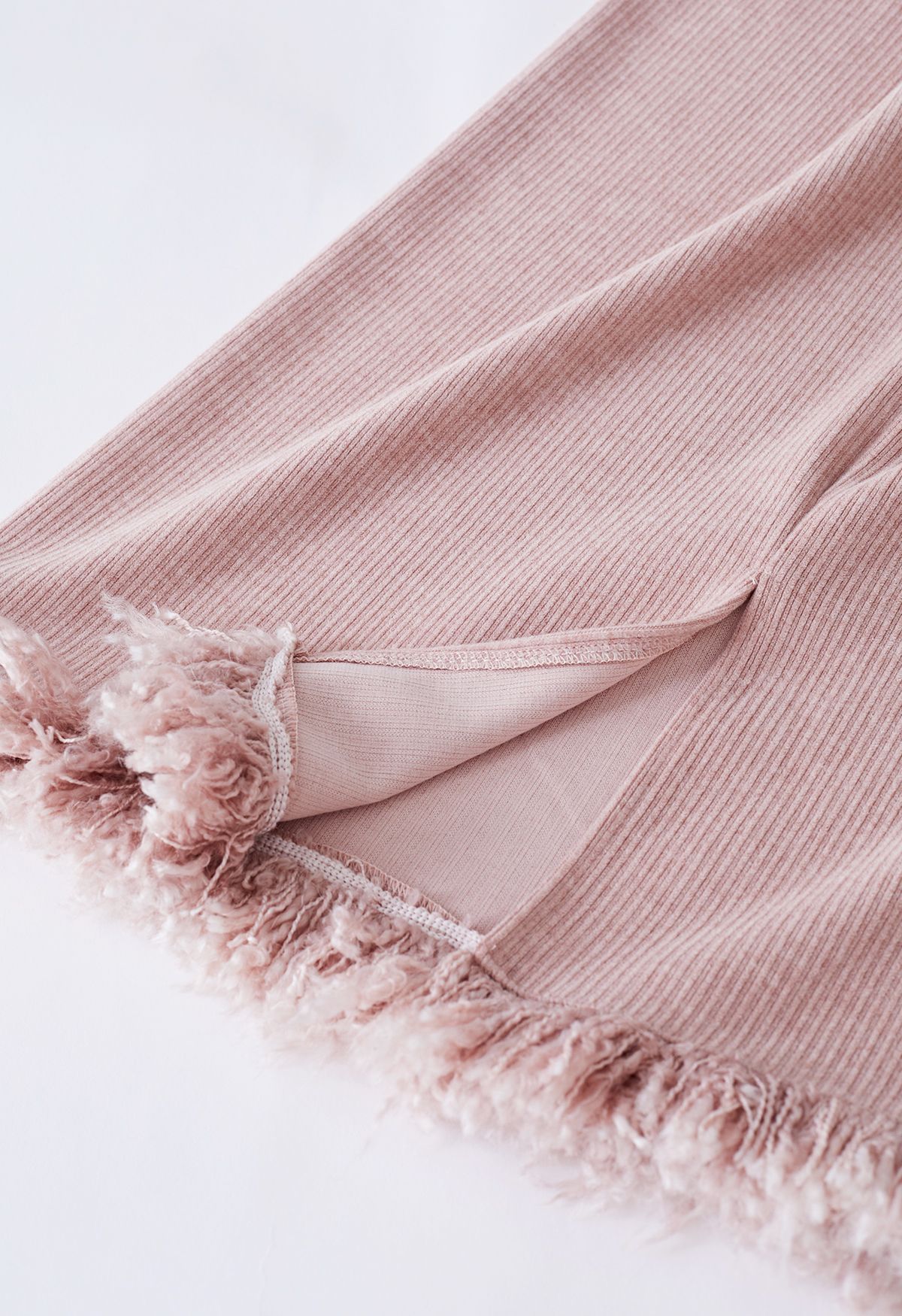 Fringed Slit Hem Ribbed Midi Skirt in Pink