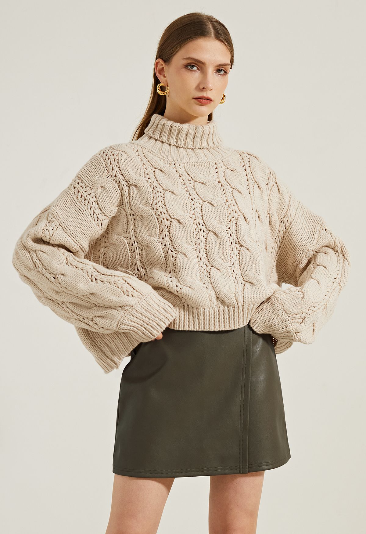 Turtleneck Braid Knit Crop Sweater in Camel