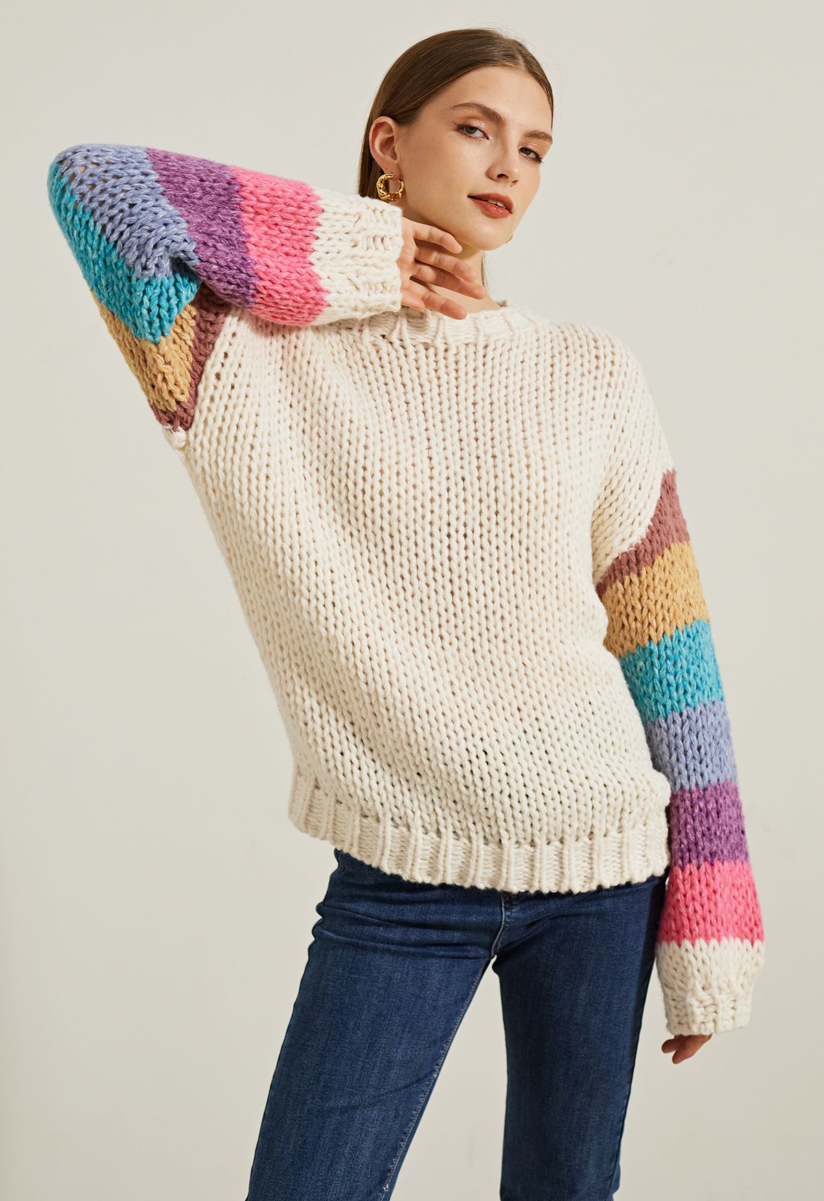 Colorblock-Sleeve Hand Knit Sweater - Retro, Indie and Unique Fashion
