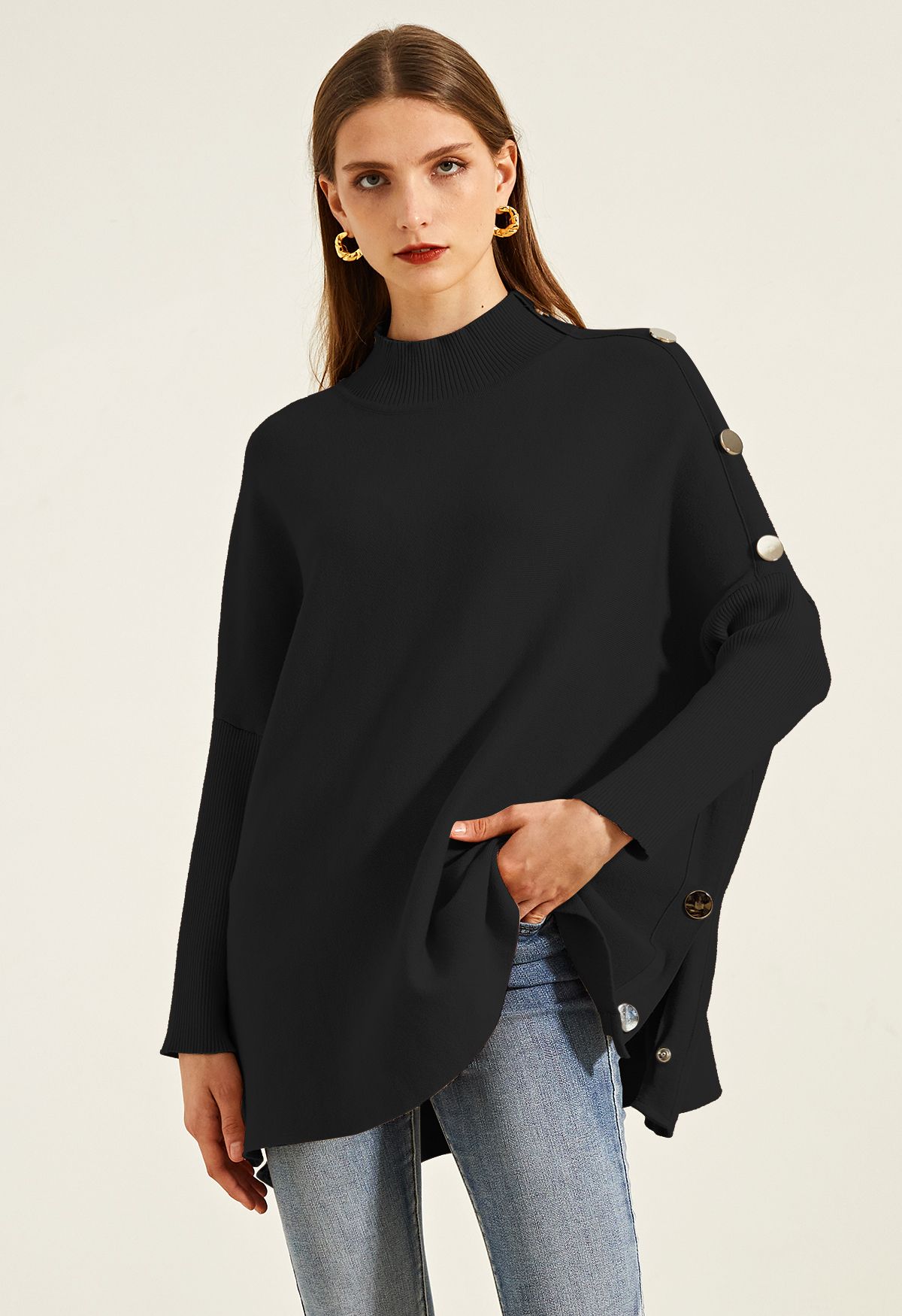 Side Buttoned Flap High Neck Knit Poncho in Black - Retro, Indie and ...