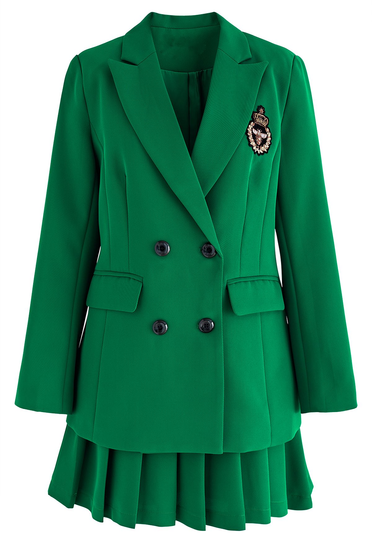 Bee Badge Solid Color Blazer and Skirt Set in Green
