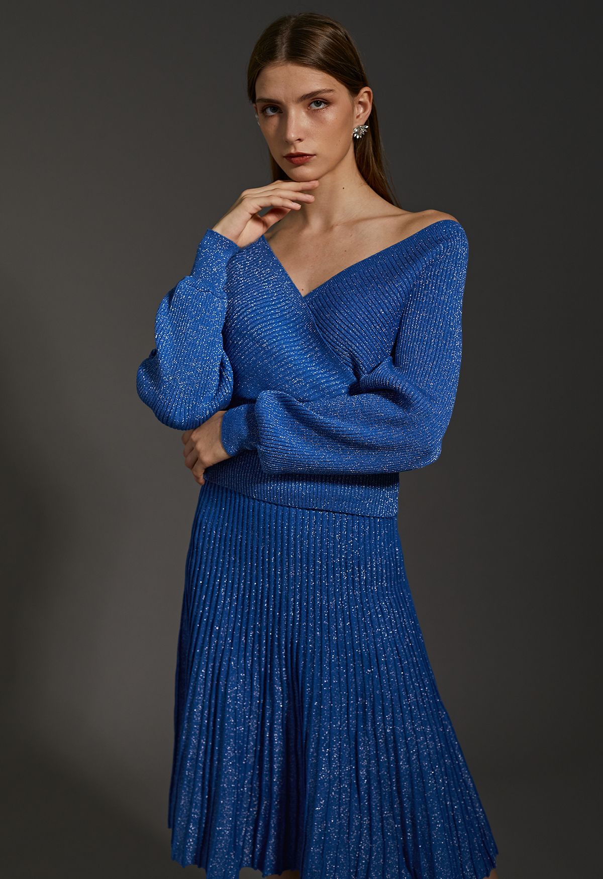 Glittering Ribbed Wrap Top and Pleated Skirt Knit Set in Blue - Retro ...
