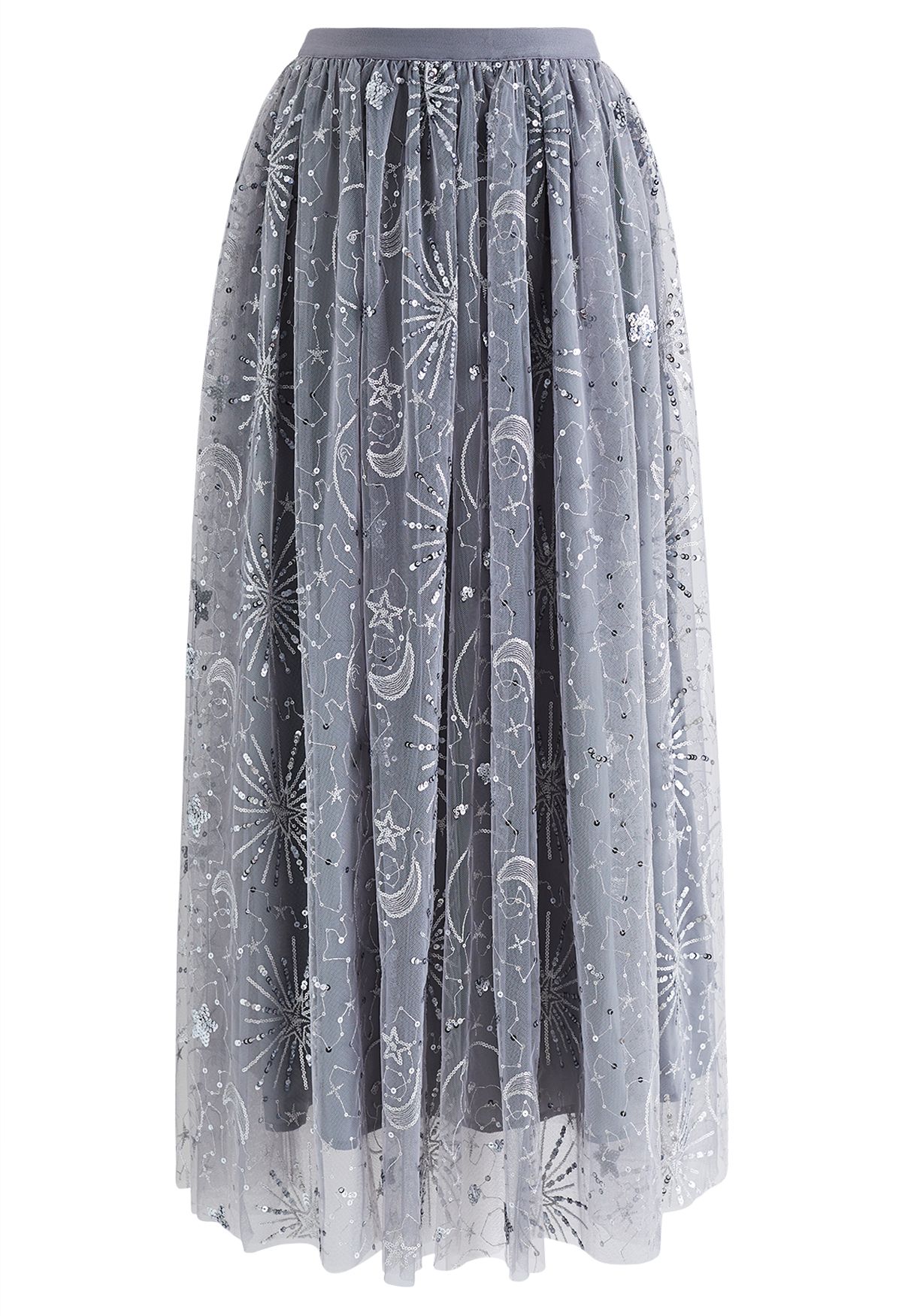Moon and Star Sequin-Embellished Tulle Maxi Skirt in Grey - Retro ...