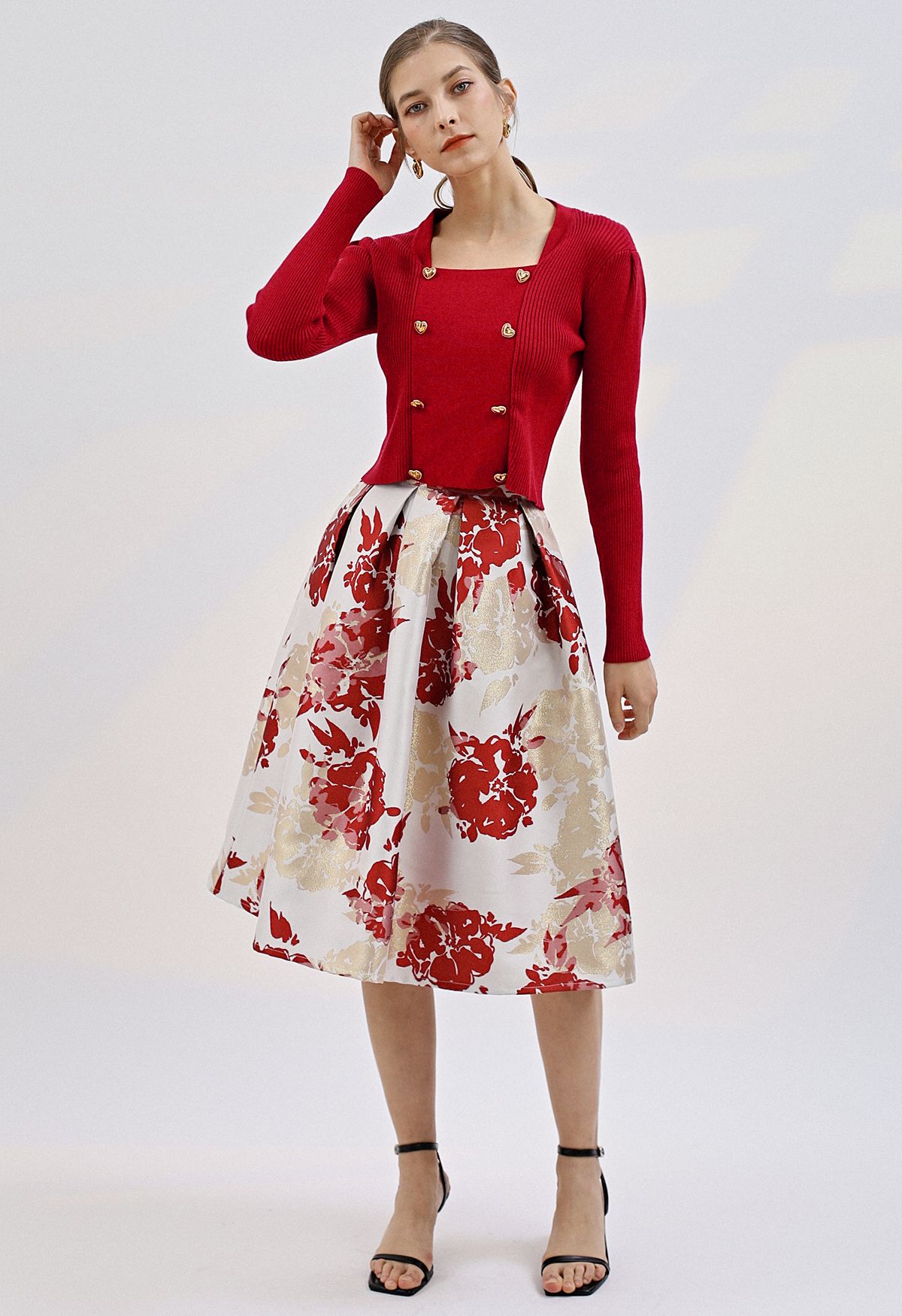 Blooming Floral Jacquard Pleated Midi Skirt in Red