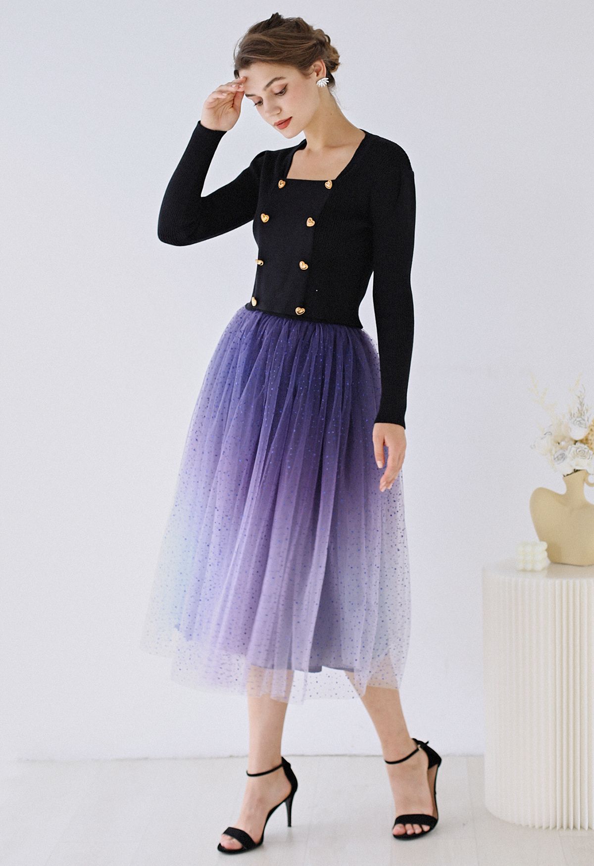 Festive Sparkle Ombre Tulle Midi Skirt in Purple