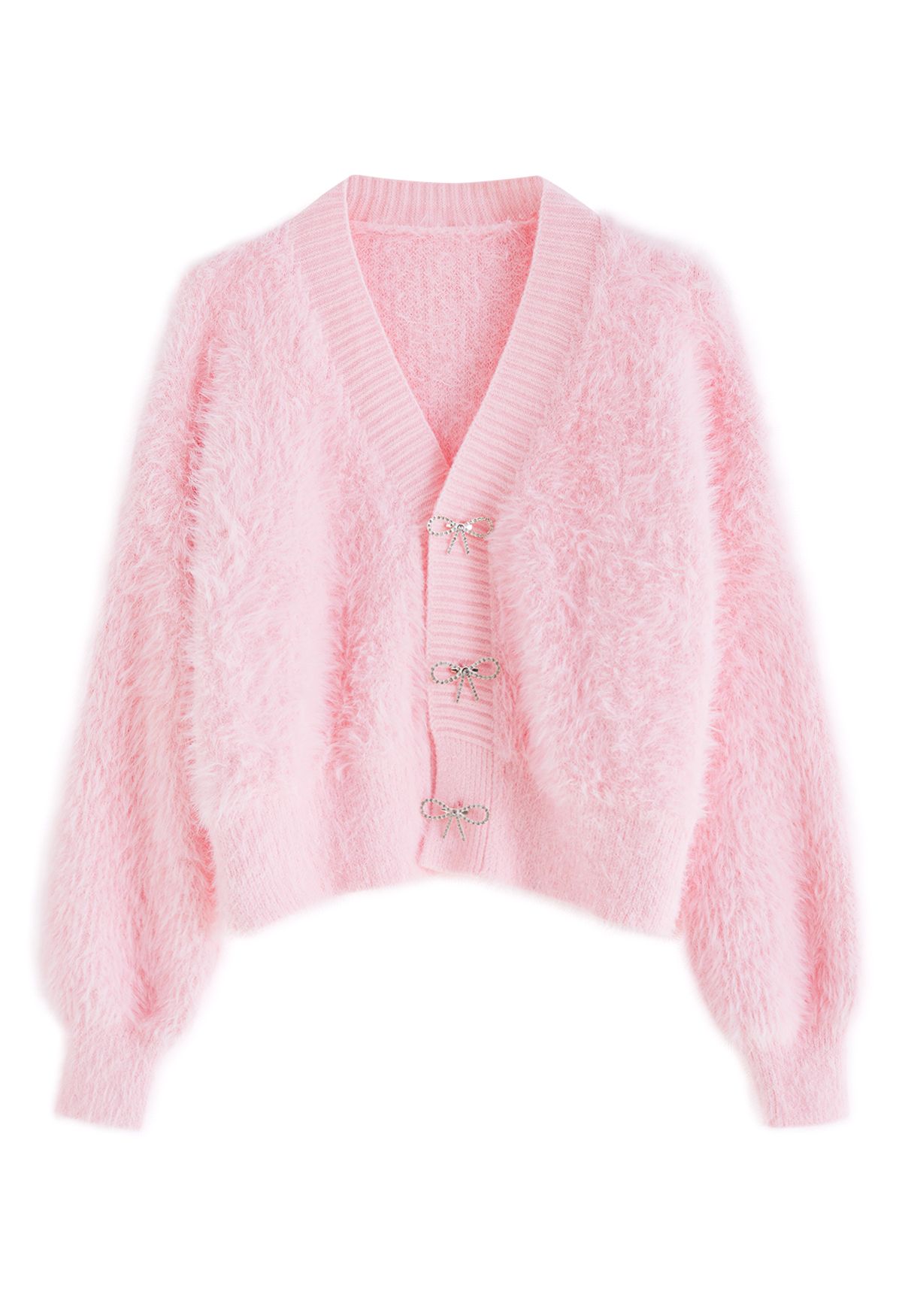 Bowknot Brooch Fuzzy Knit Cardigan in Pink - Retro, Indie and Unique Fashion