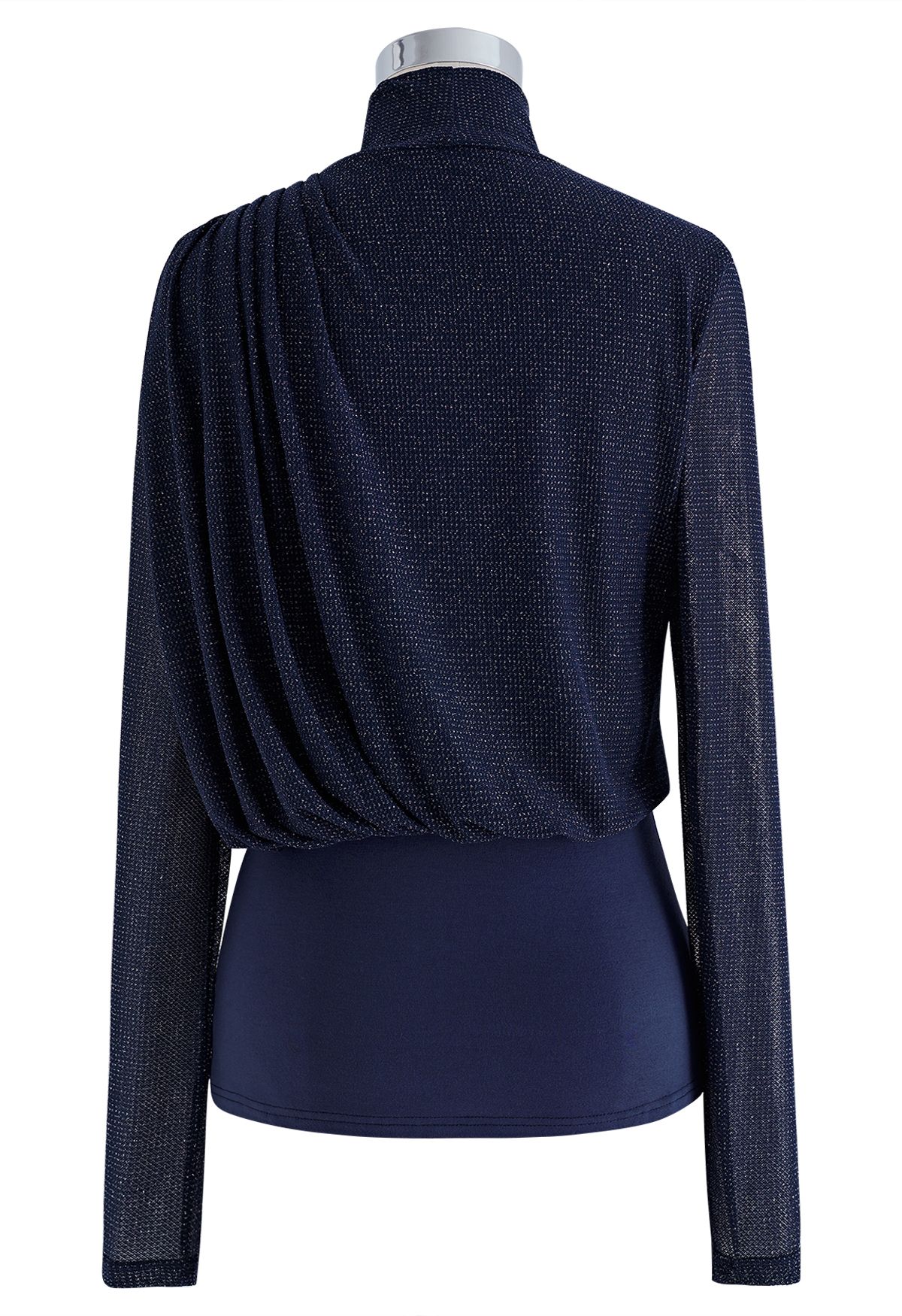 Gleam High Neck Spliced Ruched Top in Navy