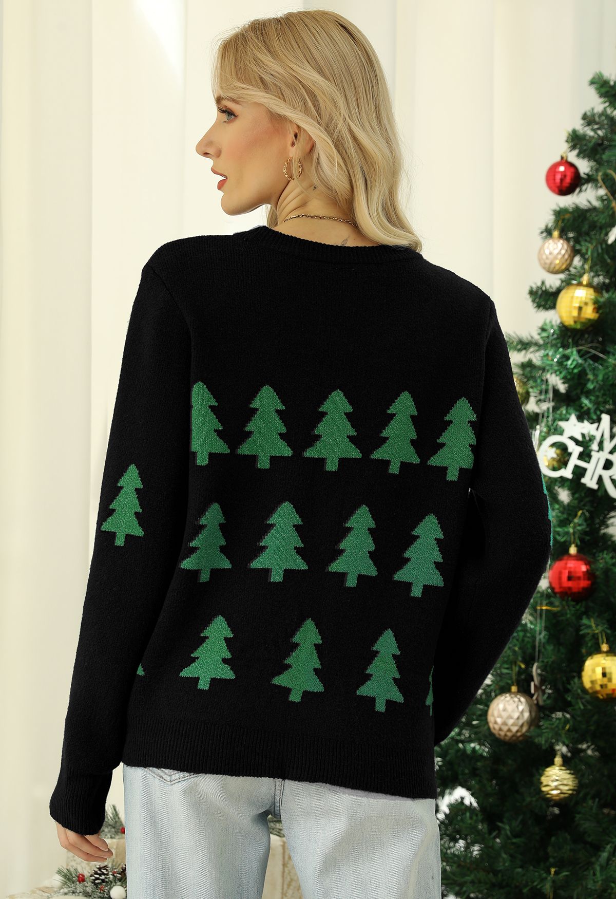 Sequined Christmas Tree Knit Sweater in Black