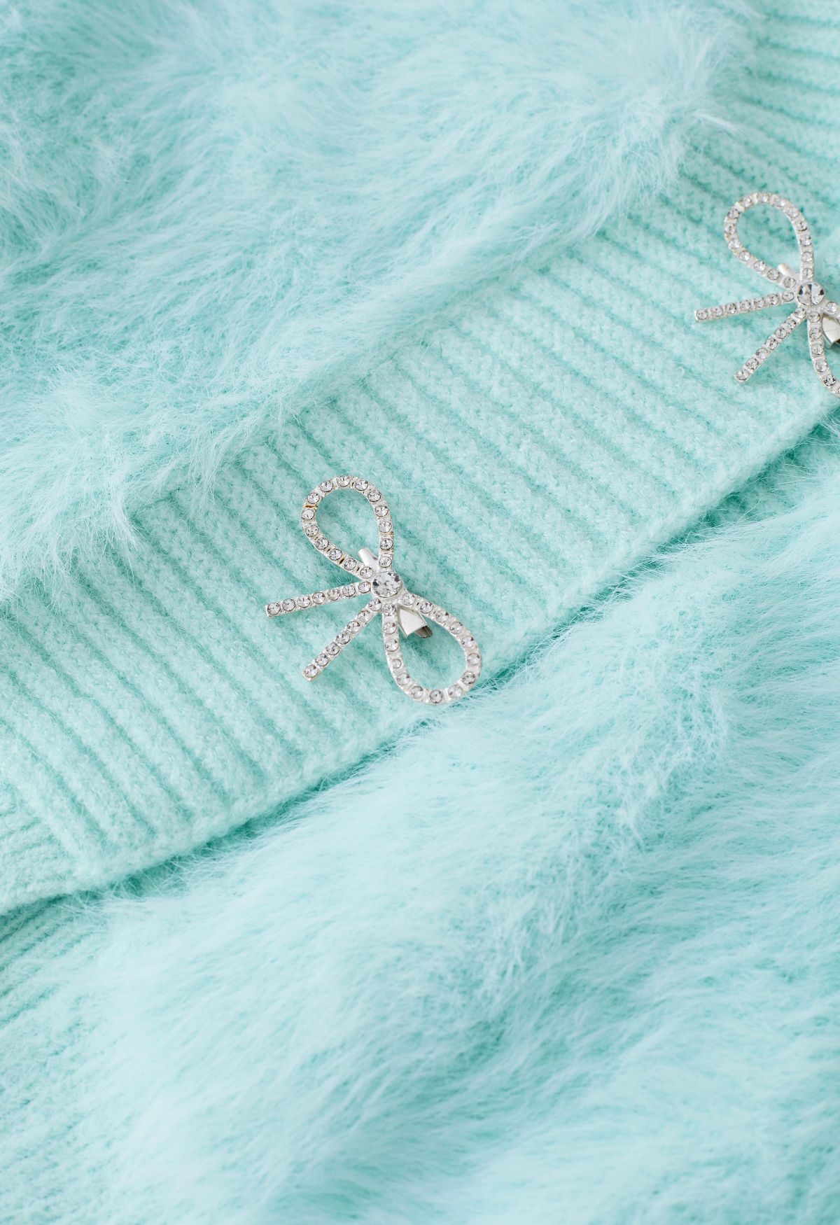 Bowknot Brooch Fuzzy Knit Cardigan in Mint