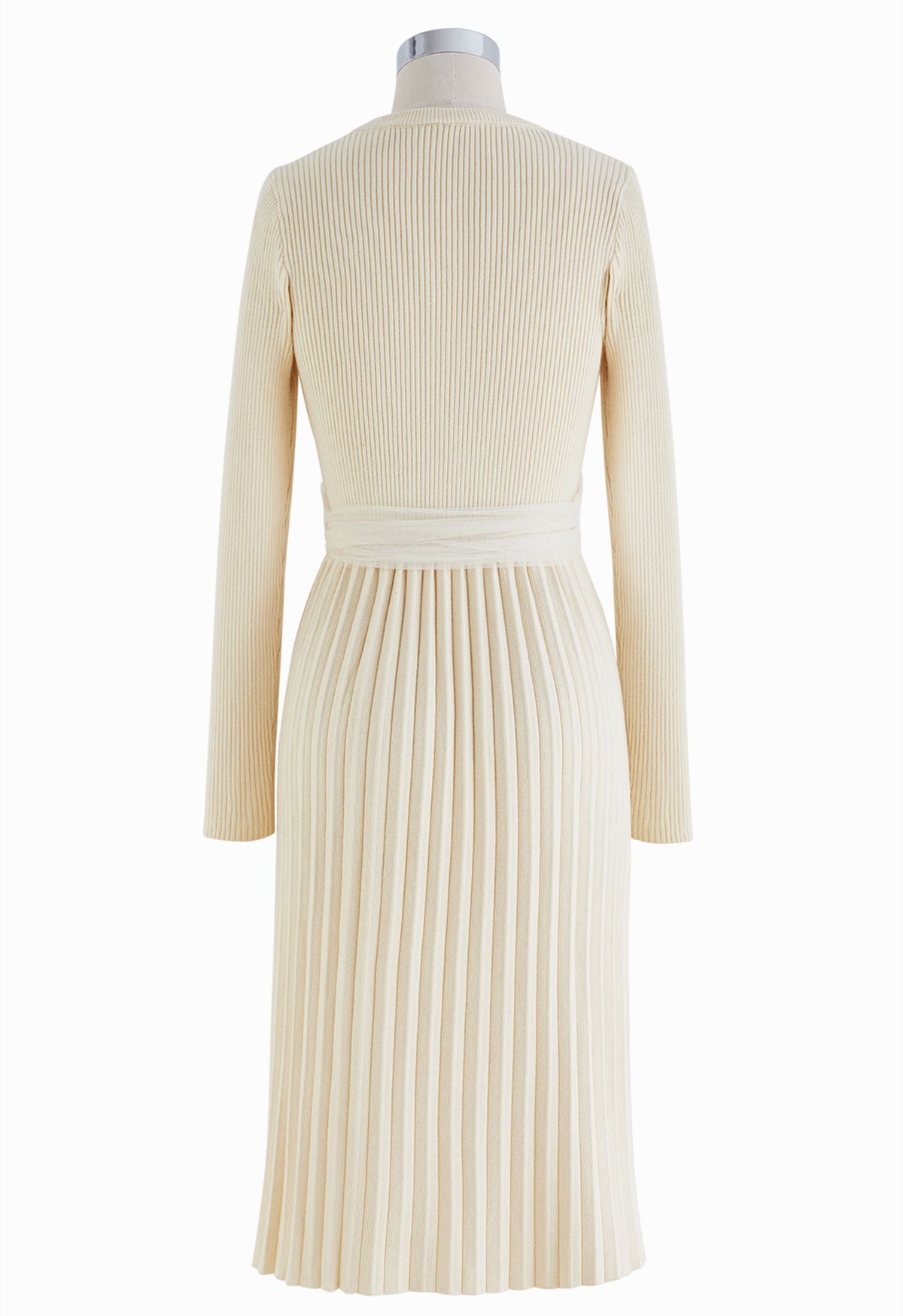 Self-Tie Mesh Bow Ribbed Knit Dress in Cream - Retro, Indie and Unique ...