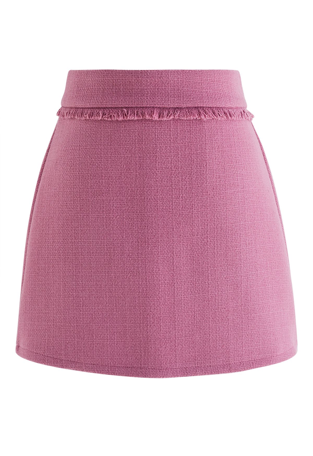 Fringe Trim Tweed Mini Bud Skirt in Pink