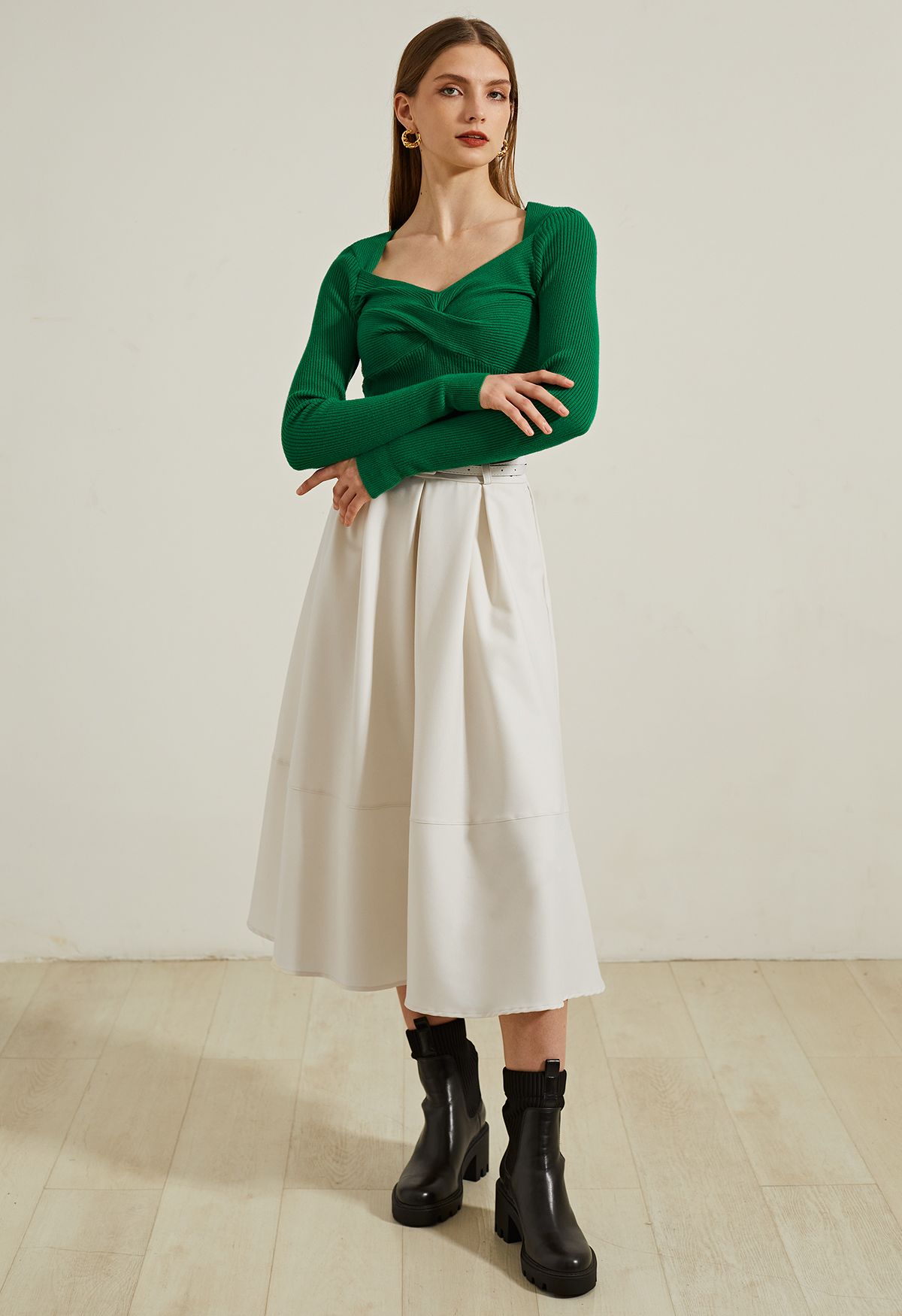 Side Pockets Pleated Belt Midi Skirt in Ivory