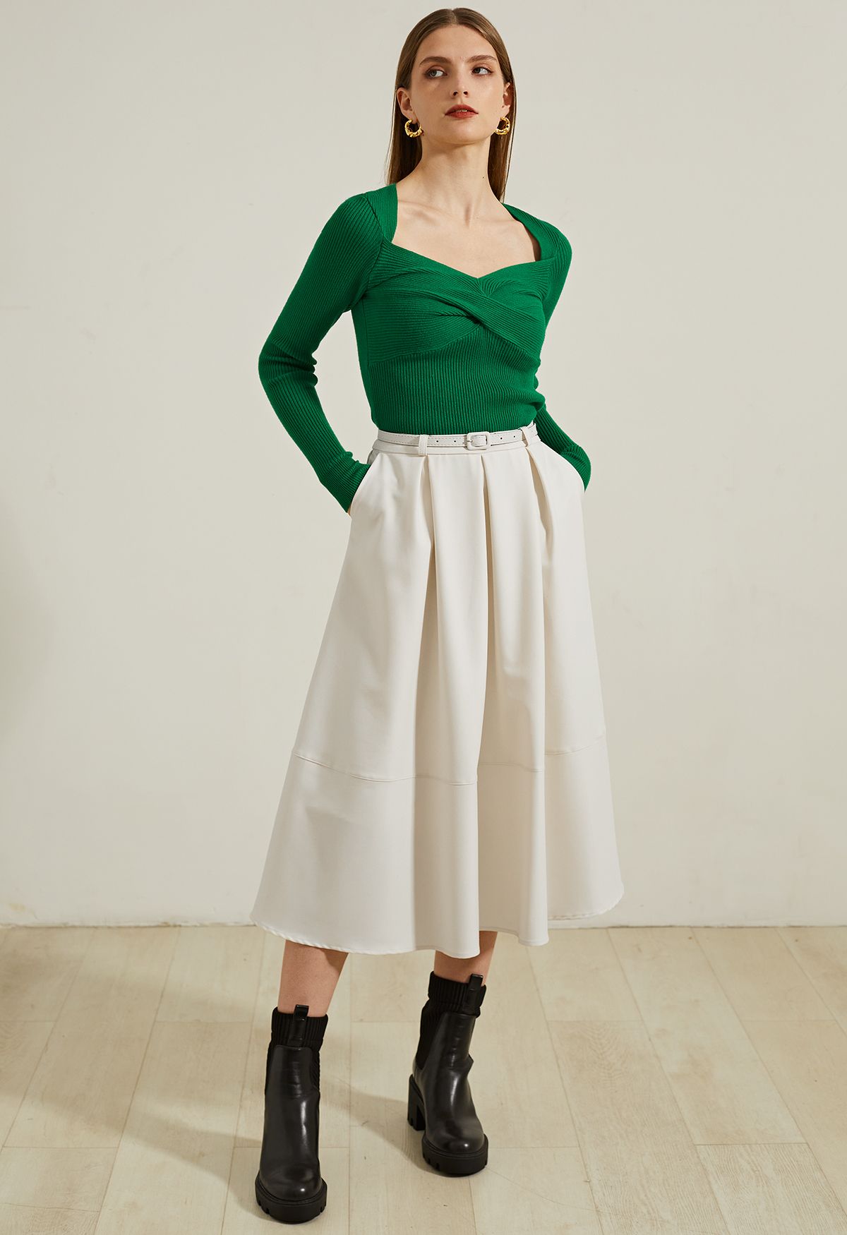 Side Pockets Pleated Belt Midi Skirt in Ivory