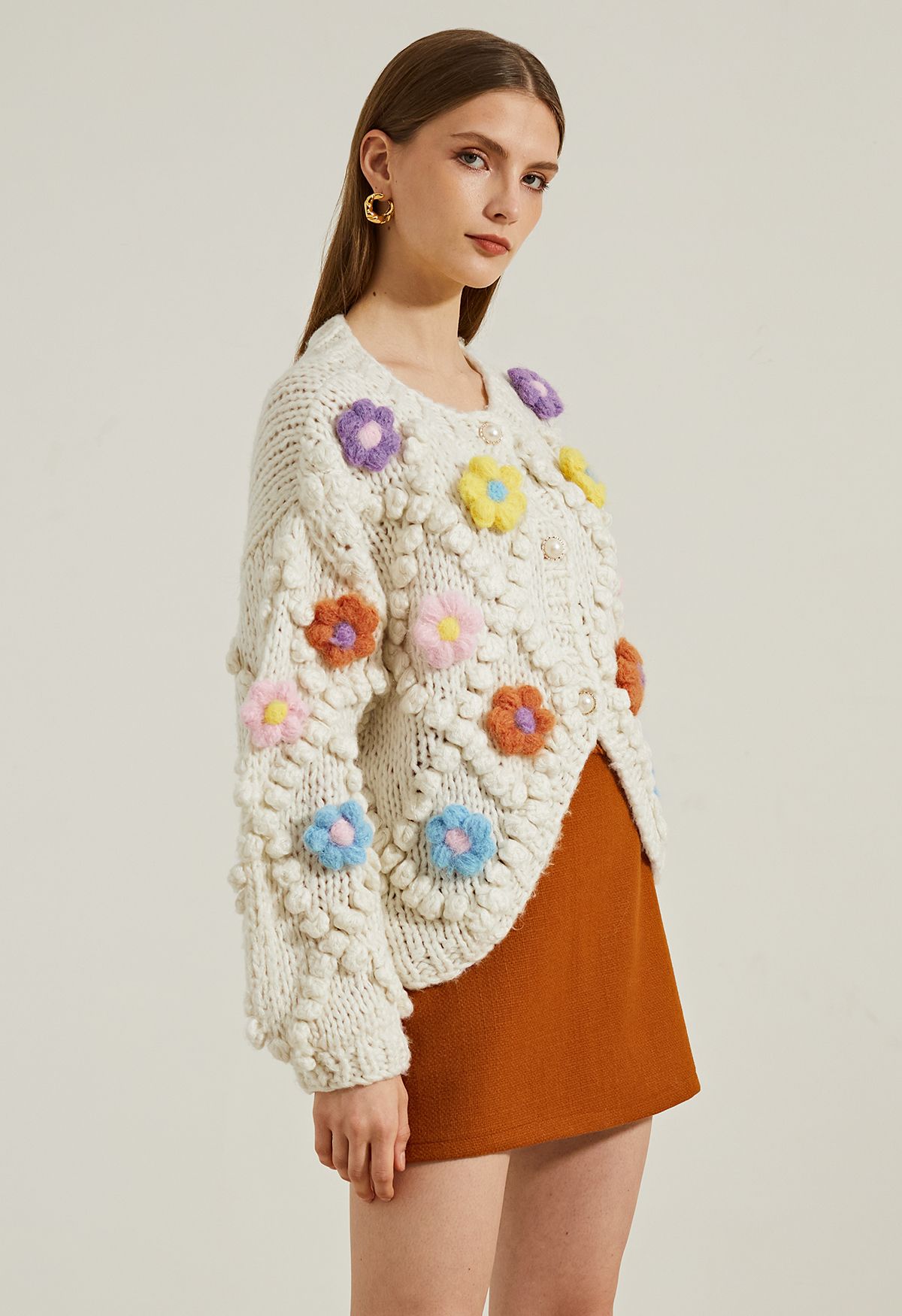 Button Up Floral Pom-Pom Knit Cardigan