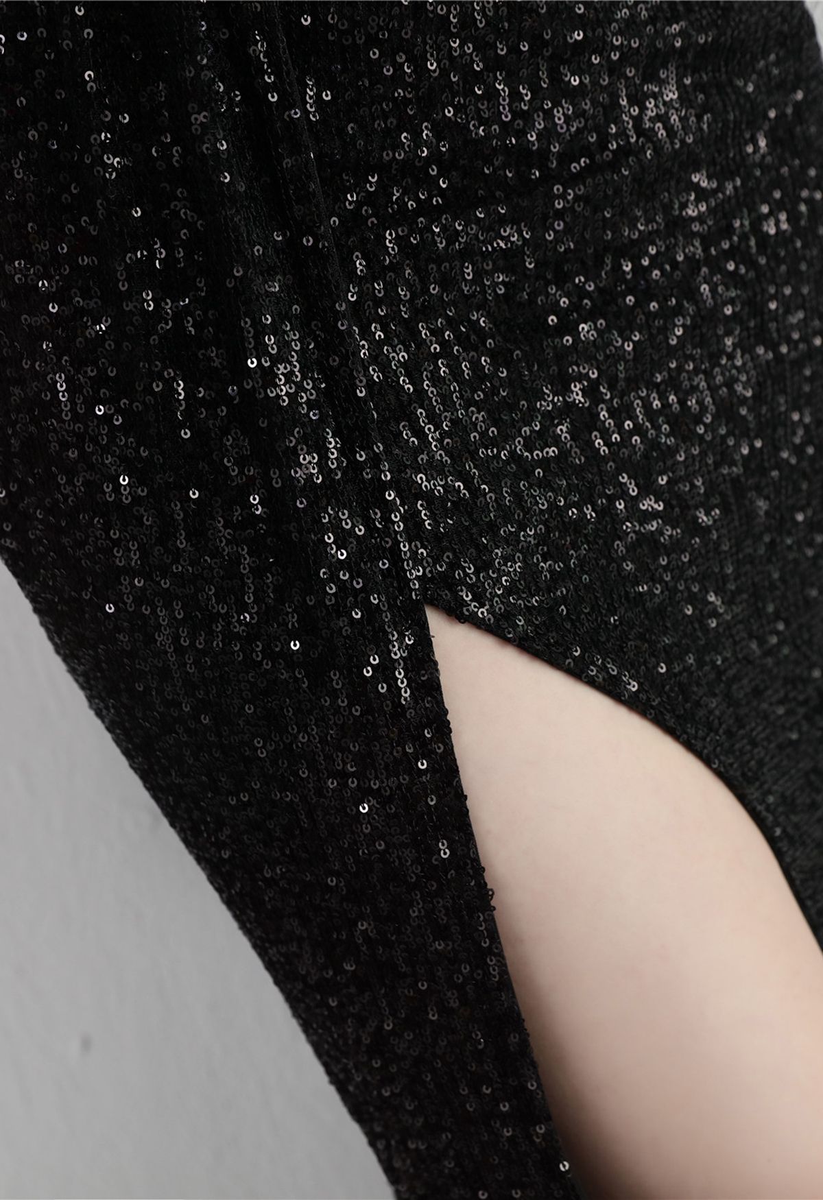 One Shoulder Sequins High Slit Gown in Black