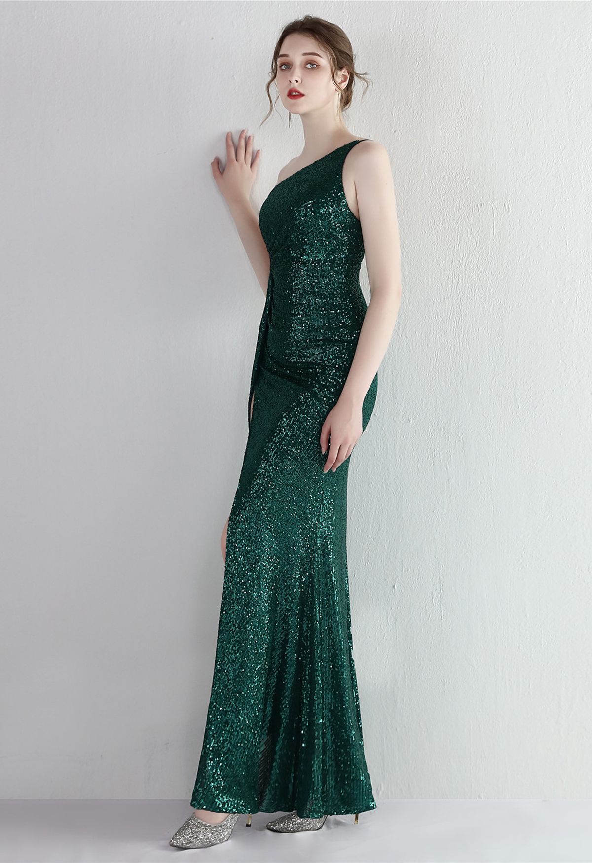 One Shoulder Sequins High Slit Gown in Emerald
