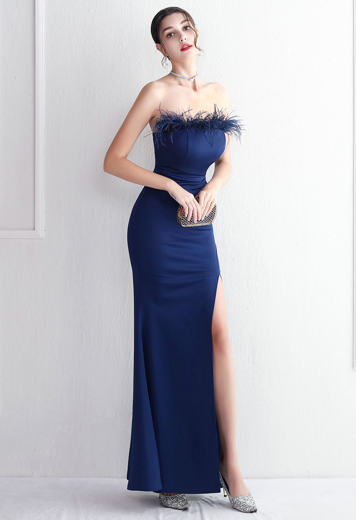 Feather Trim Strapless Slit Gown in Navy