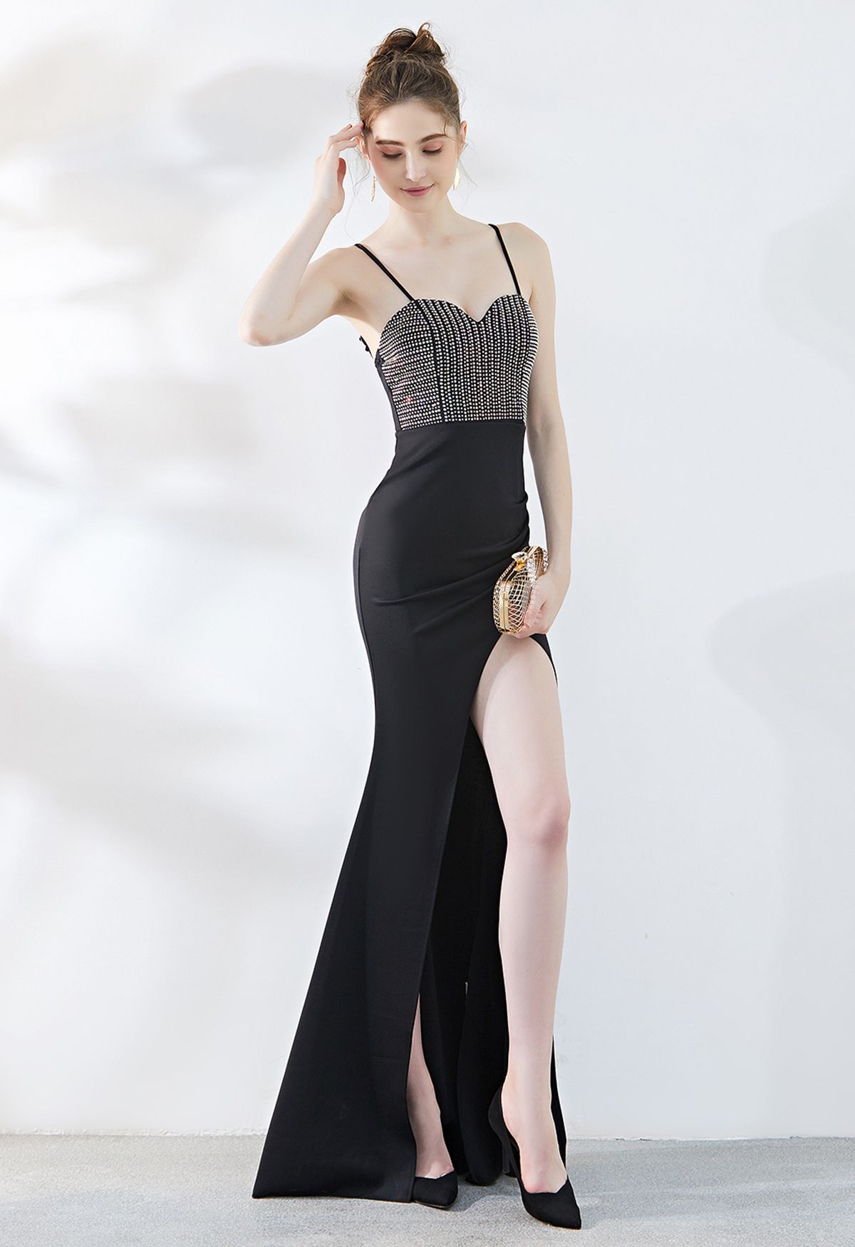 Crystal Embellished High Slit Satin Gown in Black