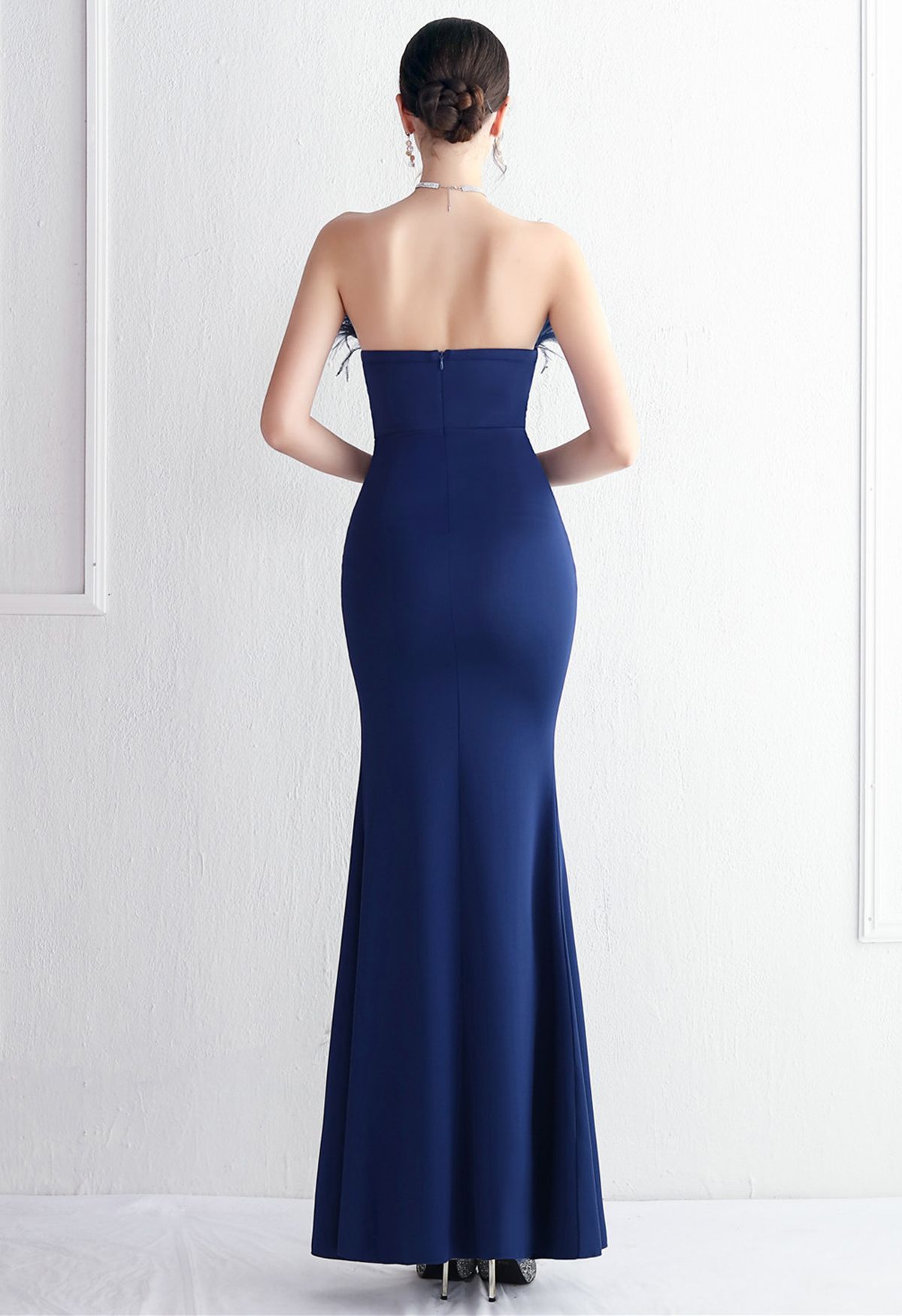 Feather Trim Strapless Slit Gown in Navy