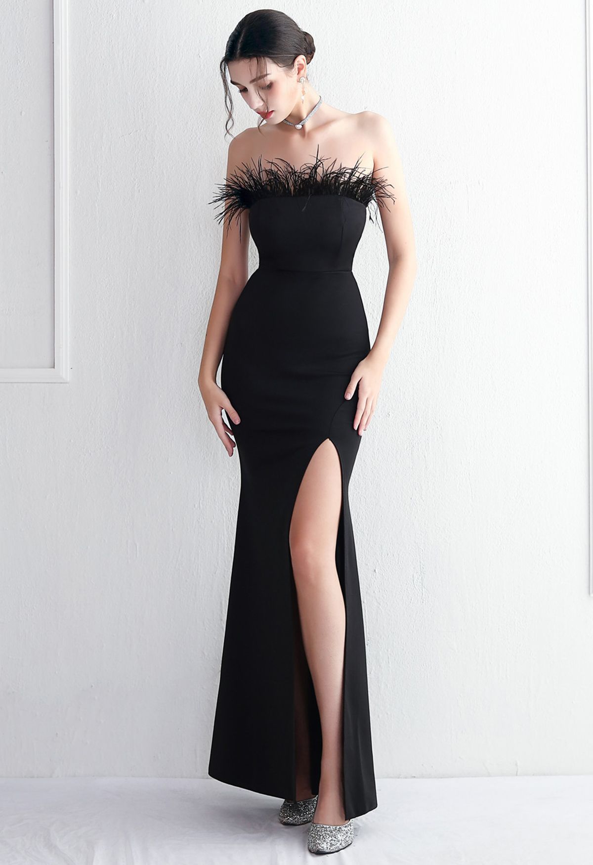 Feather Trim Strapless Slit Gown in Black